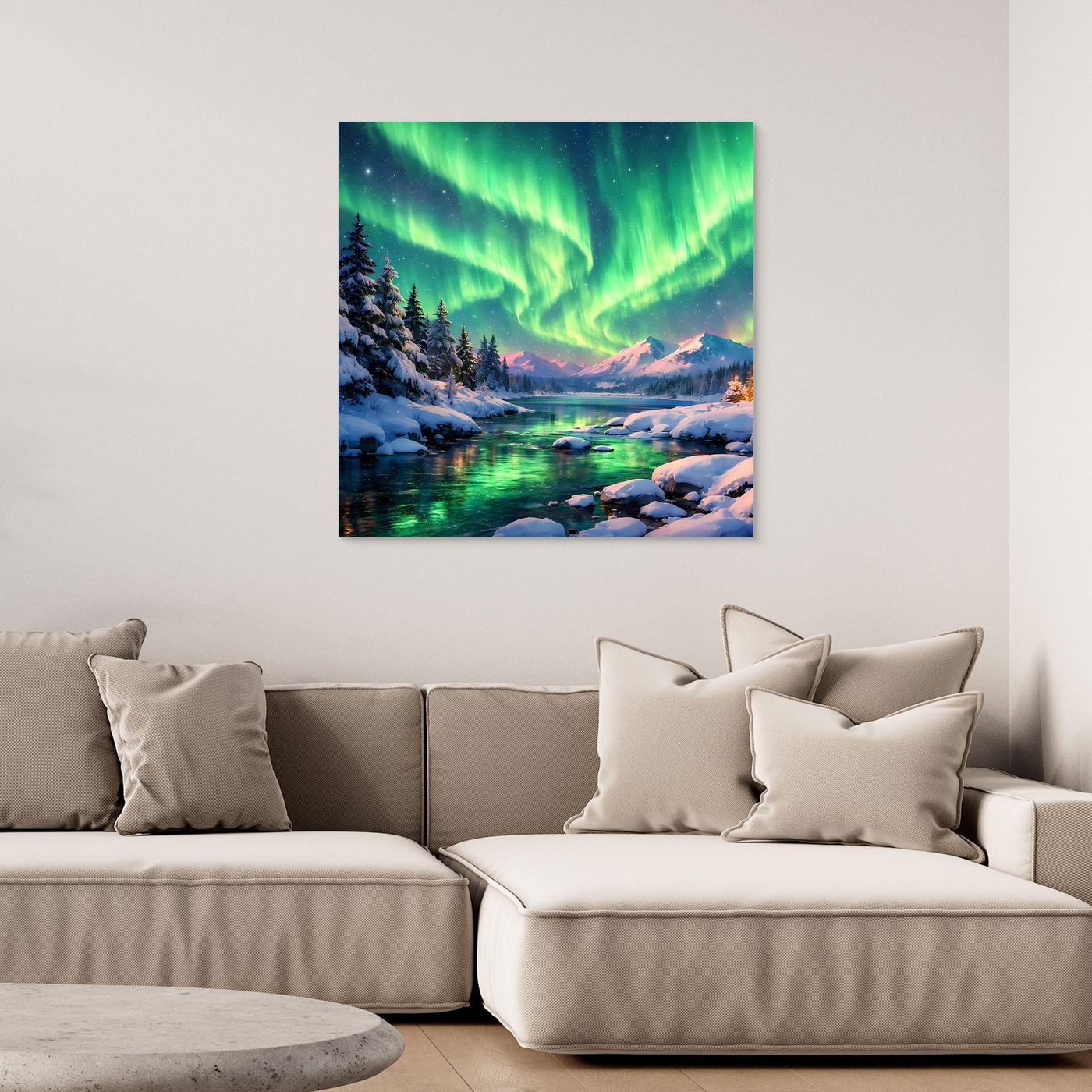 Leinwandbild Magische Polarlichter | Winterliche Polarlicht-Nacht Wandbild auf echtem Holzkeilrahmen
