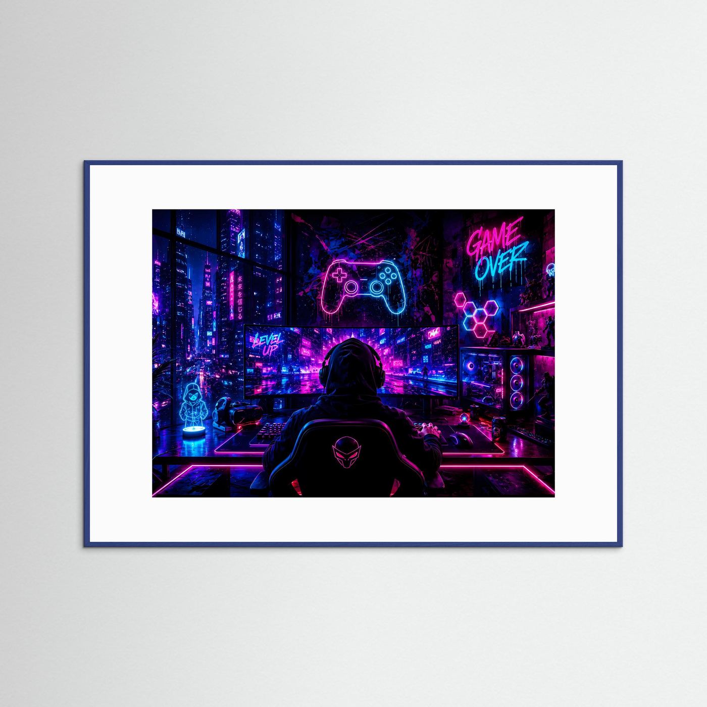 Gaming Setup Poster | Cyberpunk Gamer Zimmer mit Neon RGB Beleuchtung | Futuristische Gaming Wandkunst