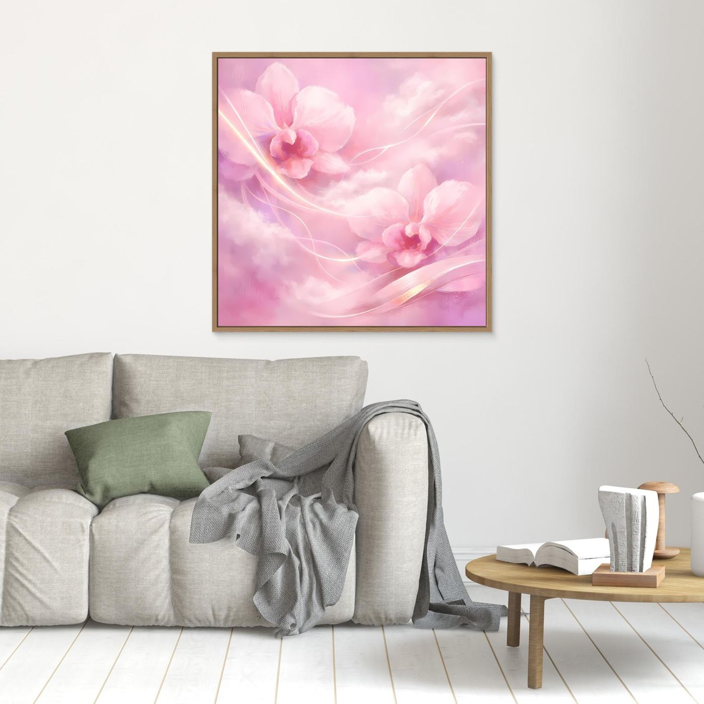 Leinwandbild mit abstrakten rosa Orchideen und goldenen Linien, braun gerahmt