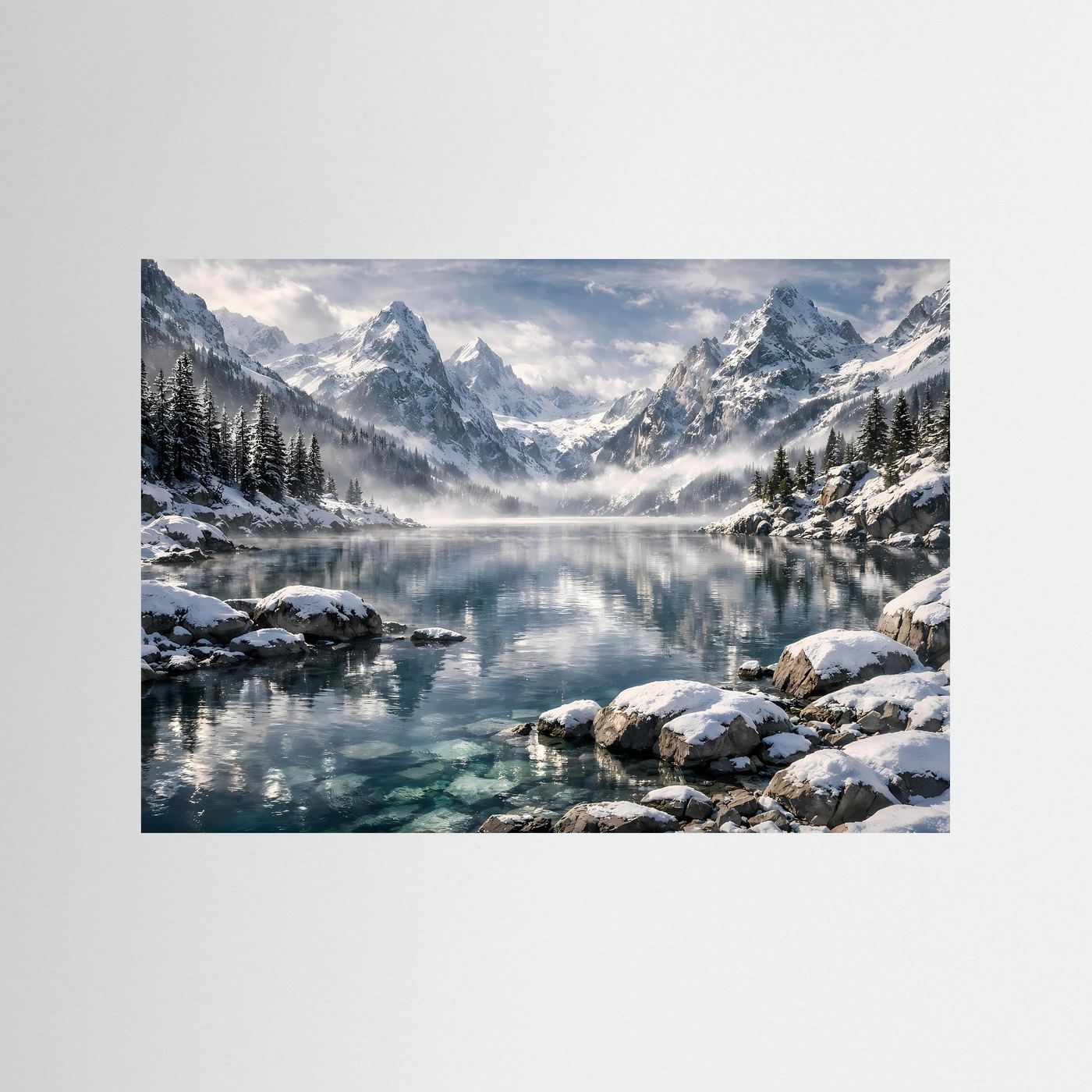 Verschneite Alpen am Kristallsee | Panorama Winterberg & Natur Poster Querformat