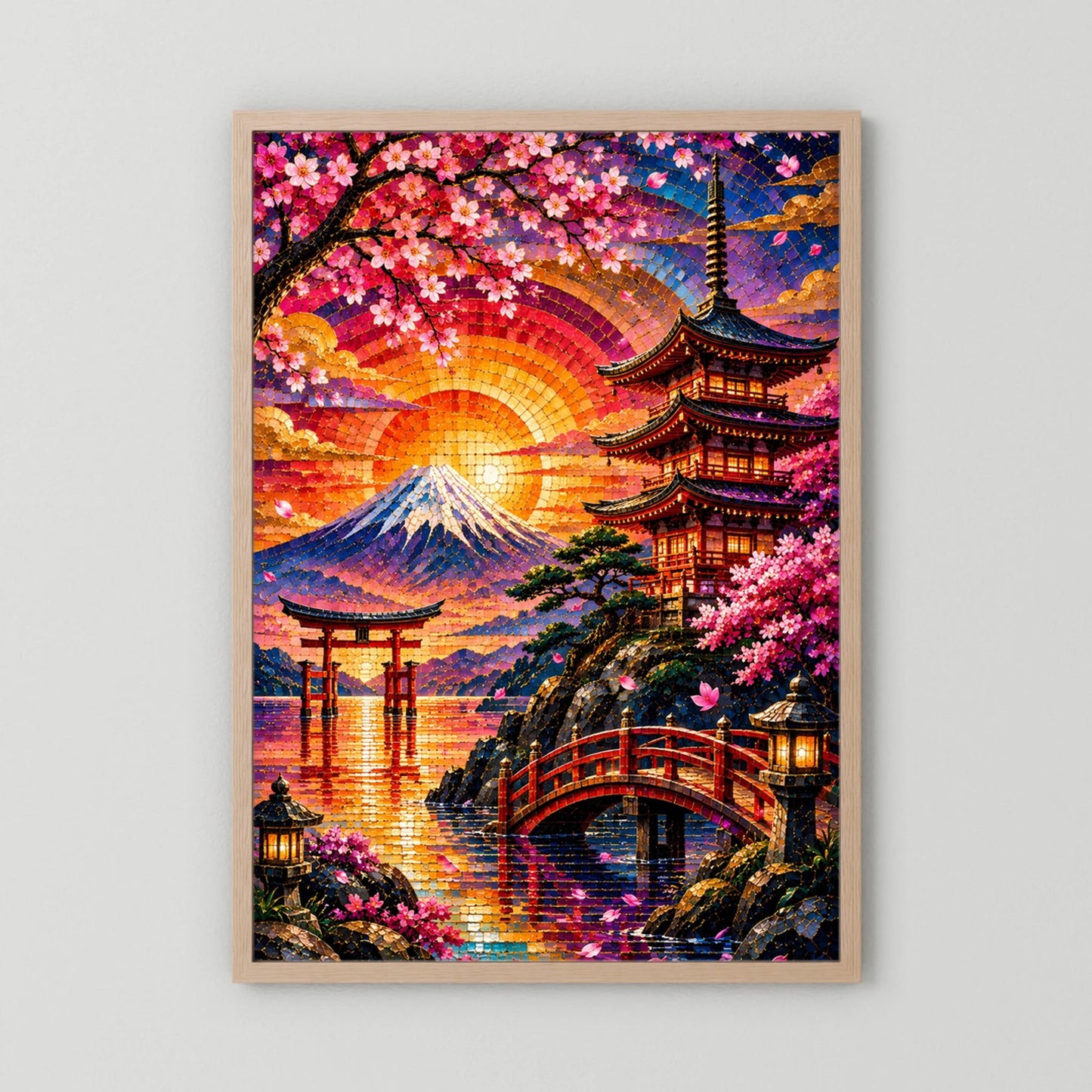 Hochformatiges Poster mit hellem Holzrahmen und mosaikartigem Motiv von Fuji, Pagode und Sakura