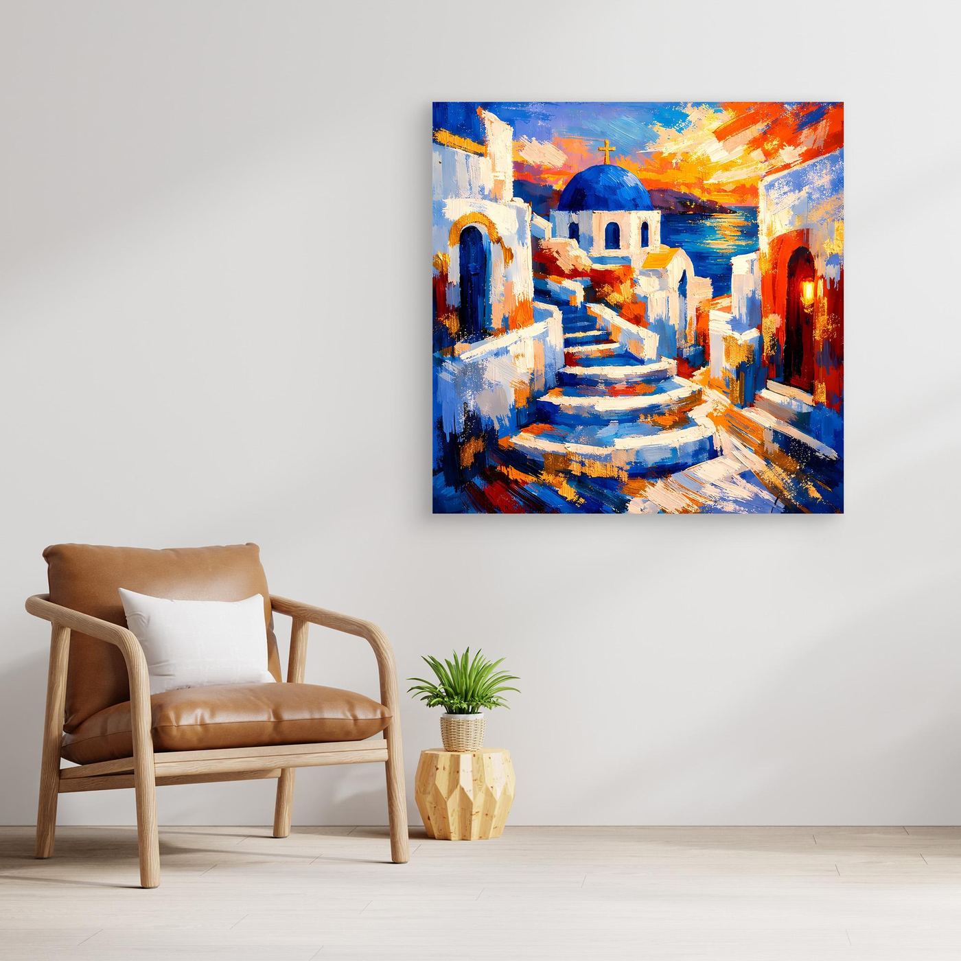 Leinwandbild mit hellem Holzrahmen: abstrakte Santorin-Gasse mit weißen Wänden, Blau und Orange
