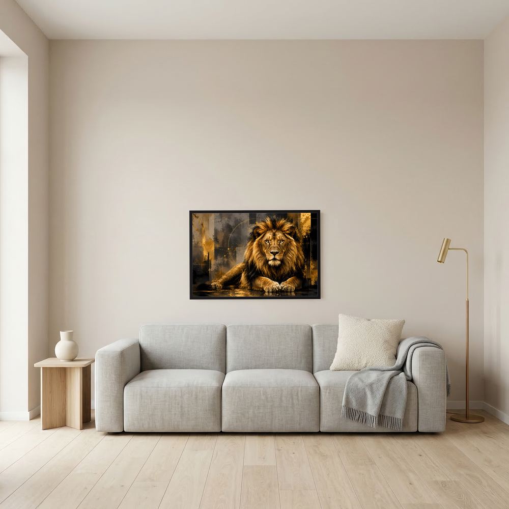 Kleines gerahmtes Wandposter mit brüllendem Löwen in Schwarz und Gold, schwarzer Rahmen