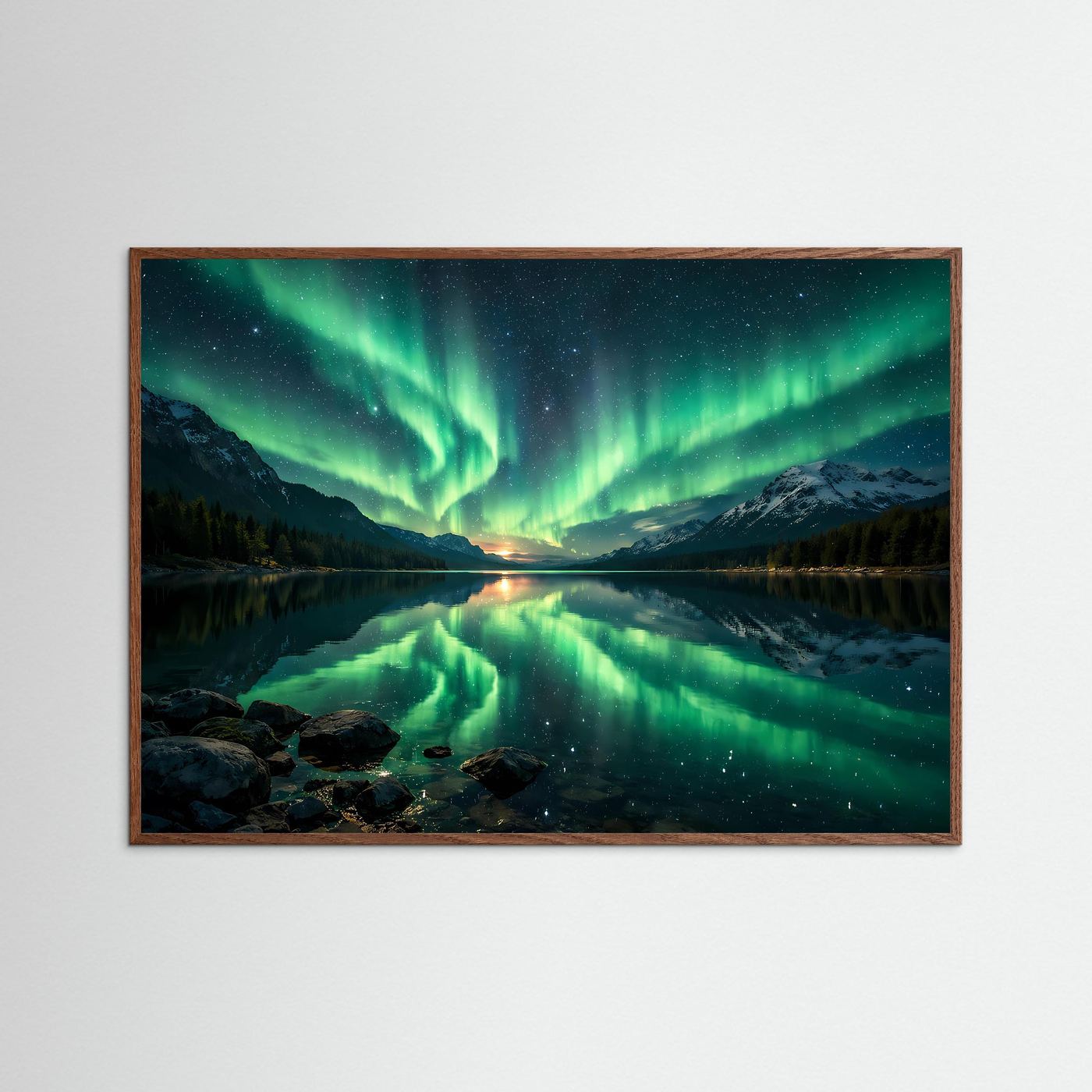 Magische Nordlichter über dem Bergsee | Polarlichter Panorama Natur Poster Querformat