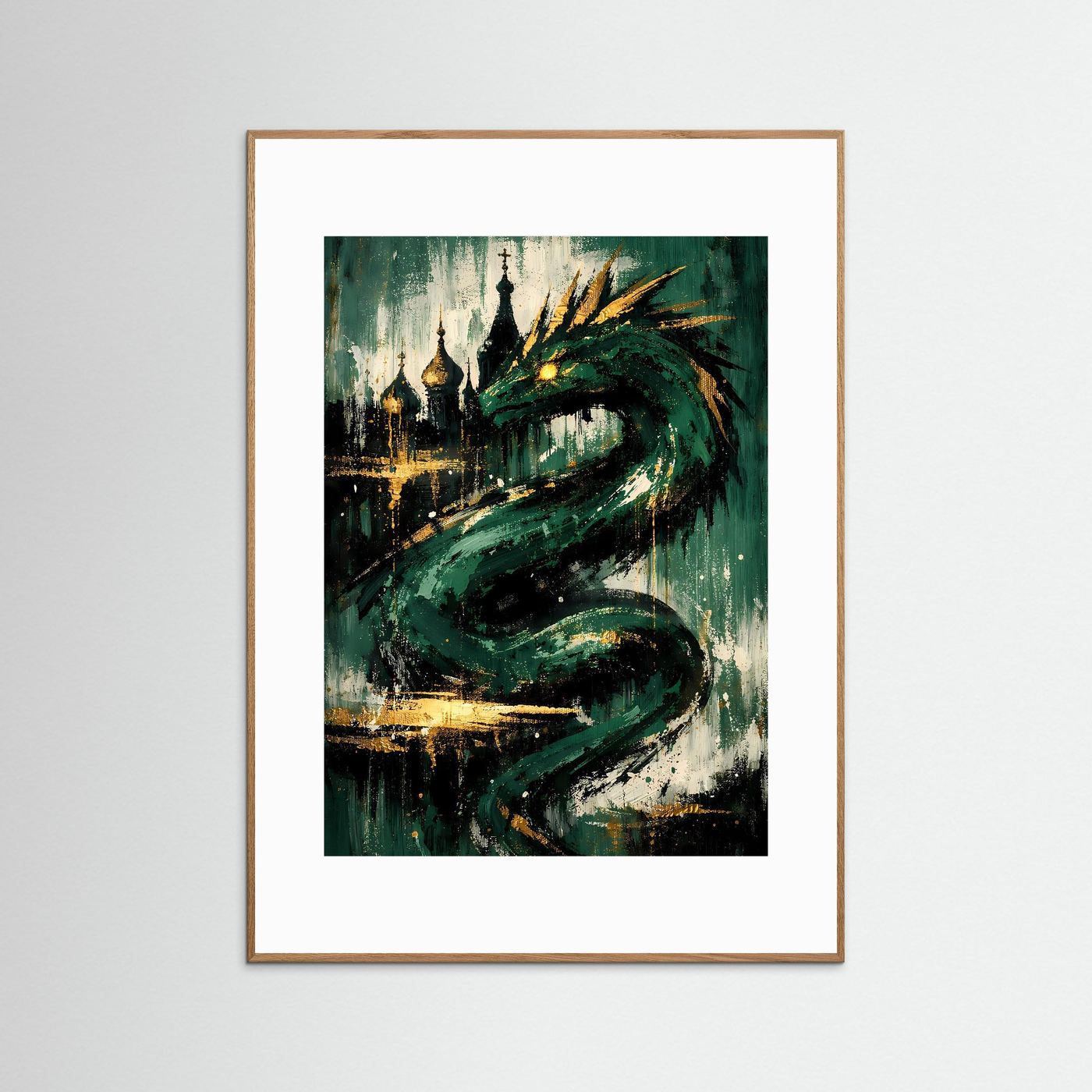 Drachen-Poster im Hochformat mit grünem Drachenmotiv und goldenen Akzenten, naturfarbener Holzrahmen