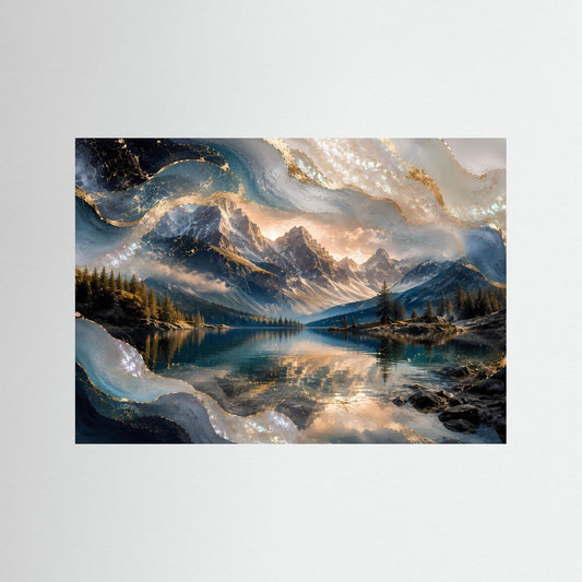 Querformat-Poster mit abstrakter Berglandschaft und Bergsee, blau-goldene Perlmutt-Optik