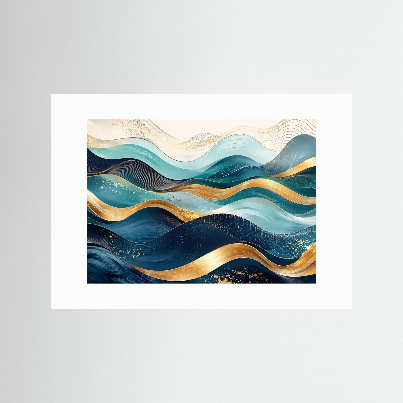 Abstrakte Wellen Poster Querformat | Moderne Wandkunst in Blau, Türkis & Gold | Elegantes Panorama Wandbild