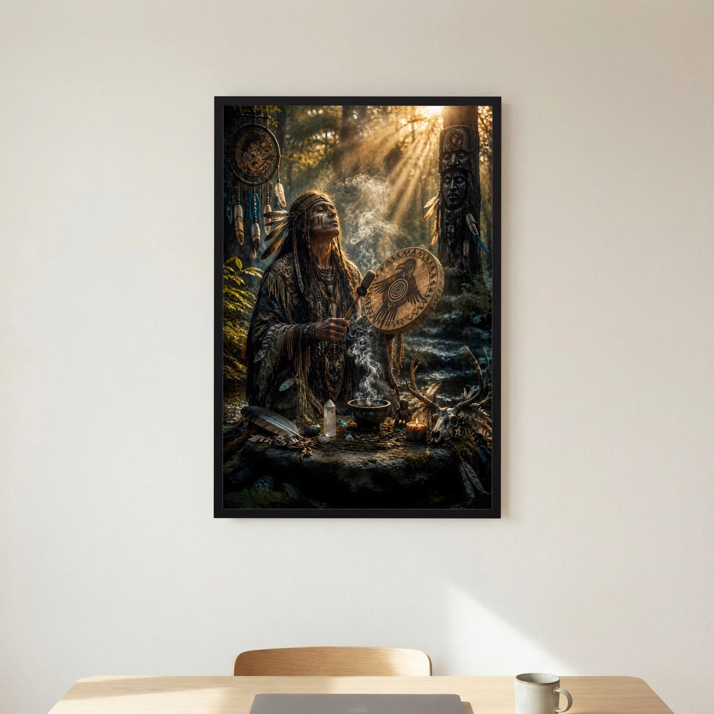 Poster mit Schamanenfigur, Trommel und Rauch, schwarzer Rahmen, hochformat, freigestellt.