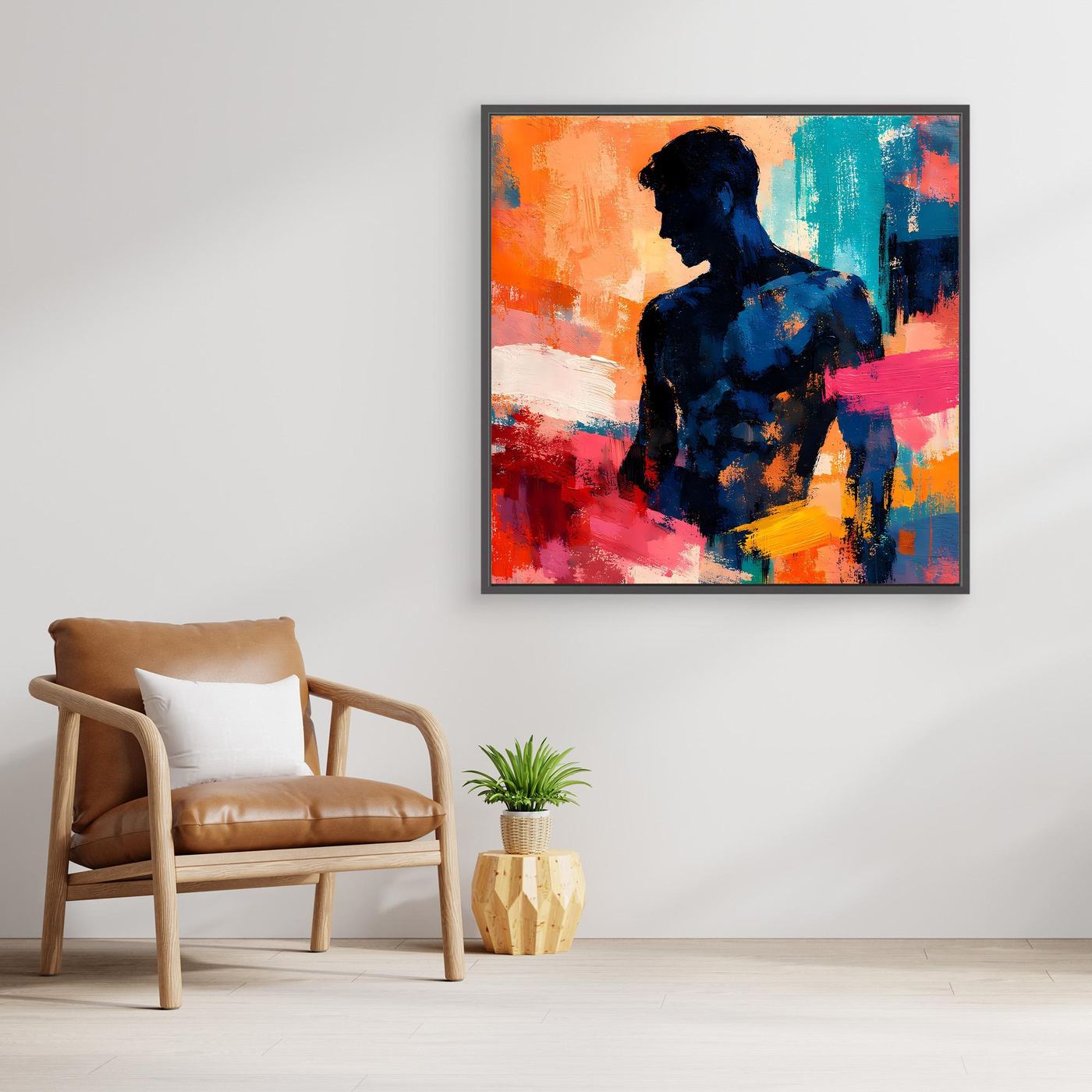 Abstraktes Leinwand-Wandbild mit maskuliner Silhouette, bunte Farbflecken, dunkler Rahmen