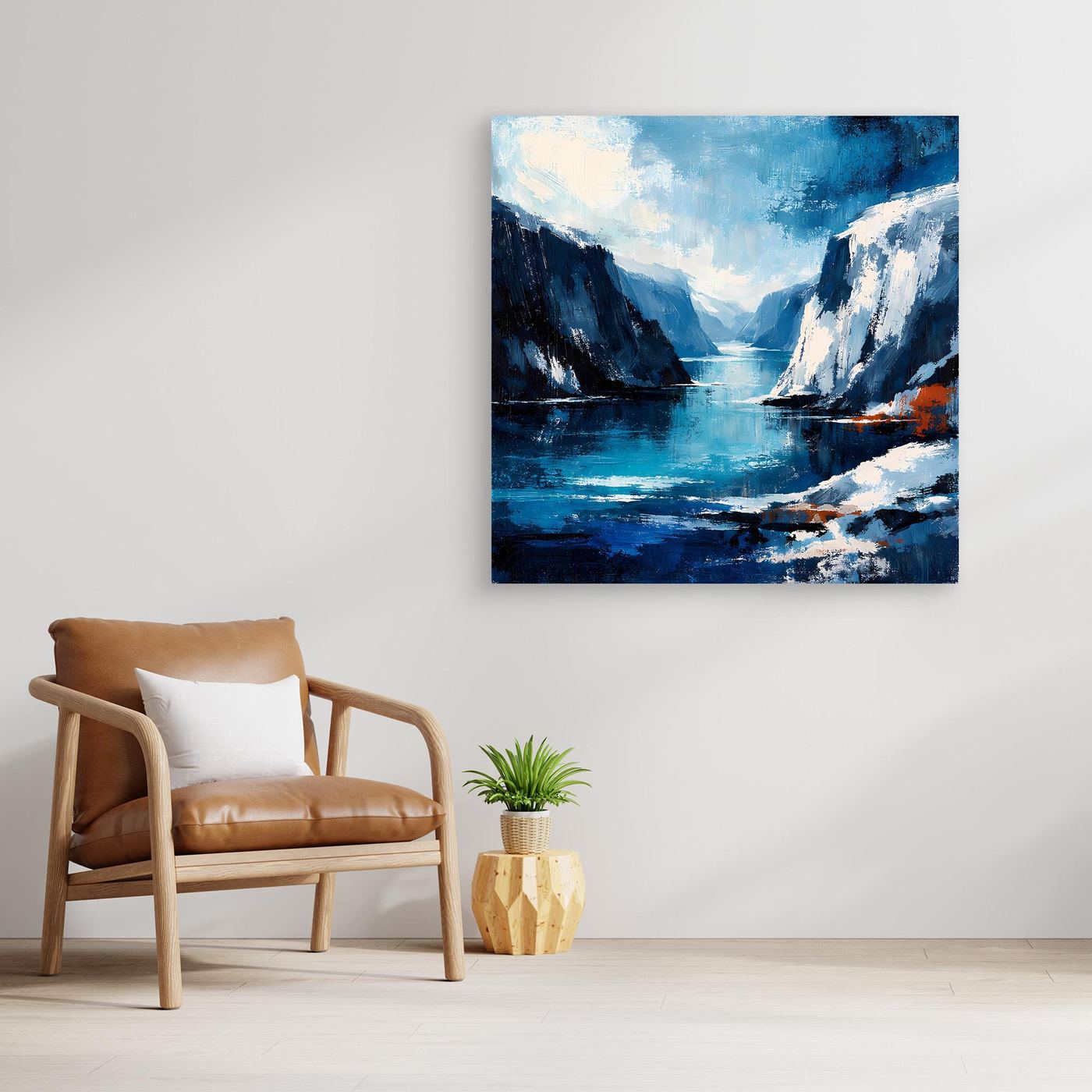 Leinwandbild mit abstrakter Felsküste und Meer in Blau und Weiß, quadratisch, ohne Rahmen