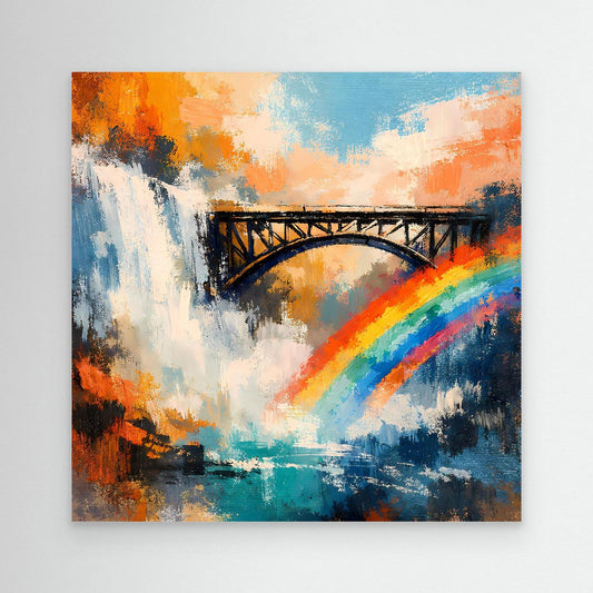 Abstraktes Leinwand-Wandbild mit Wasserfall, Brücke und Regenbogen