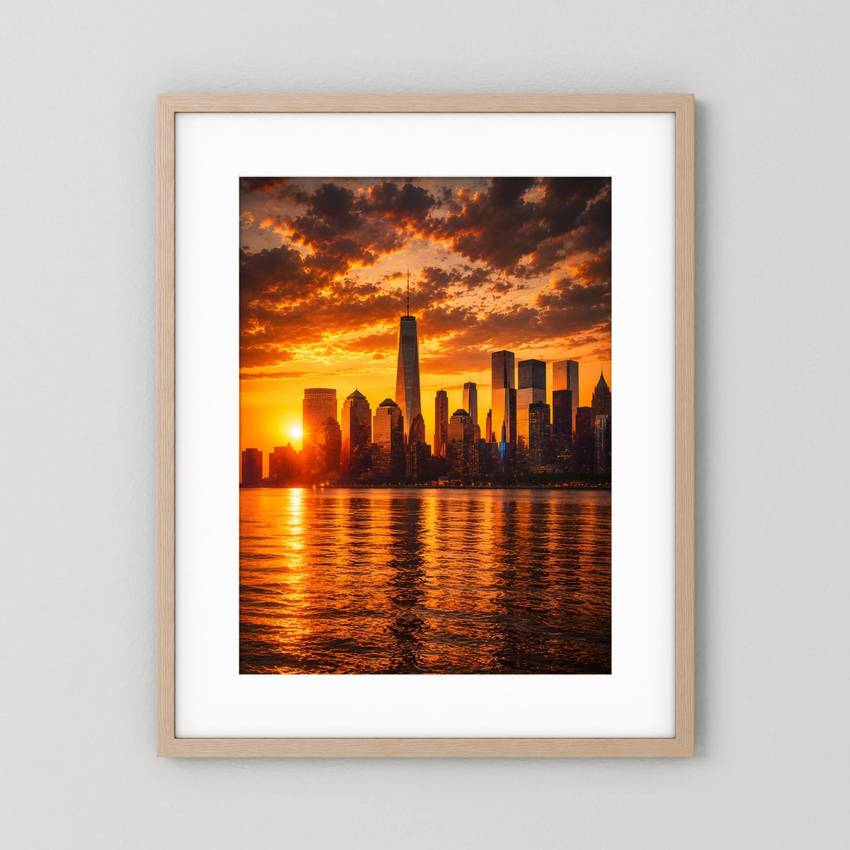 Hochformatiges Poster mit Skyline bei Sonnenuntergang über Wasser, orangefarbene Reflexe, helle Holzumrandung