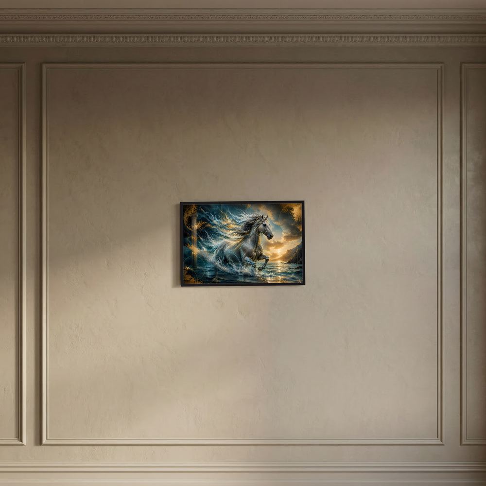 Gerahmtes Querformat-Poster mit Pferd im Meer, Wellen und goldenen Akzenten auf heller Wand