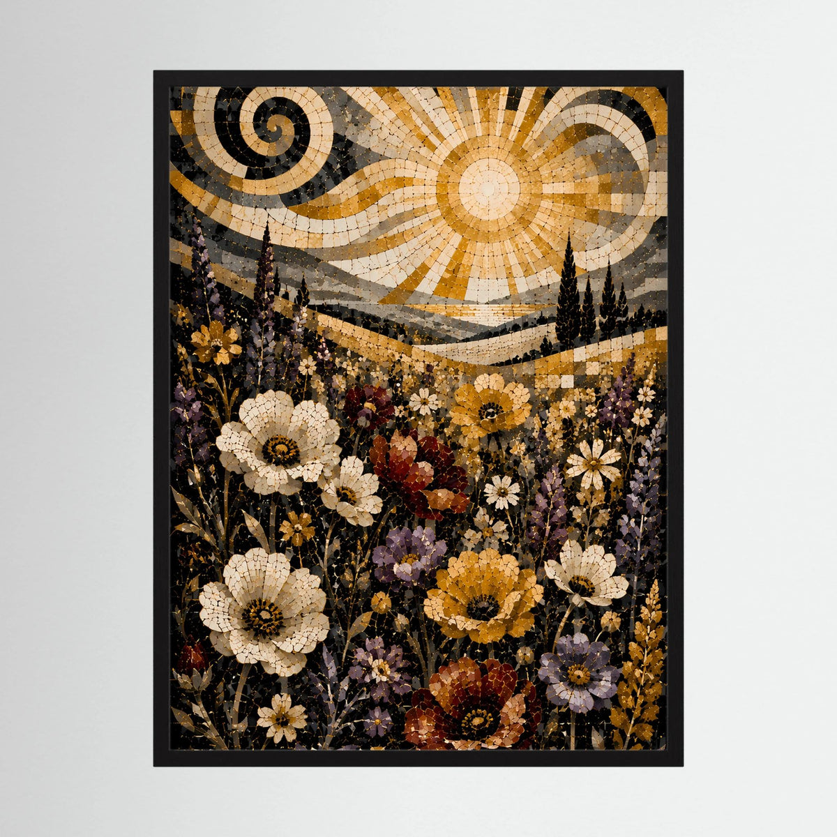 Hochformat-Poster mit Mosaikblumen und goldener Sonne, schwarz umrahmt