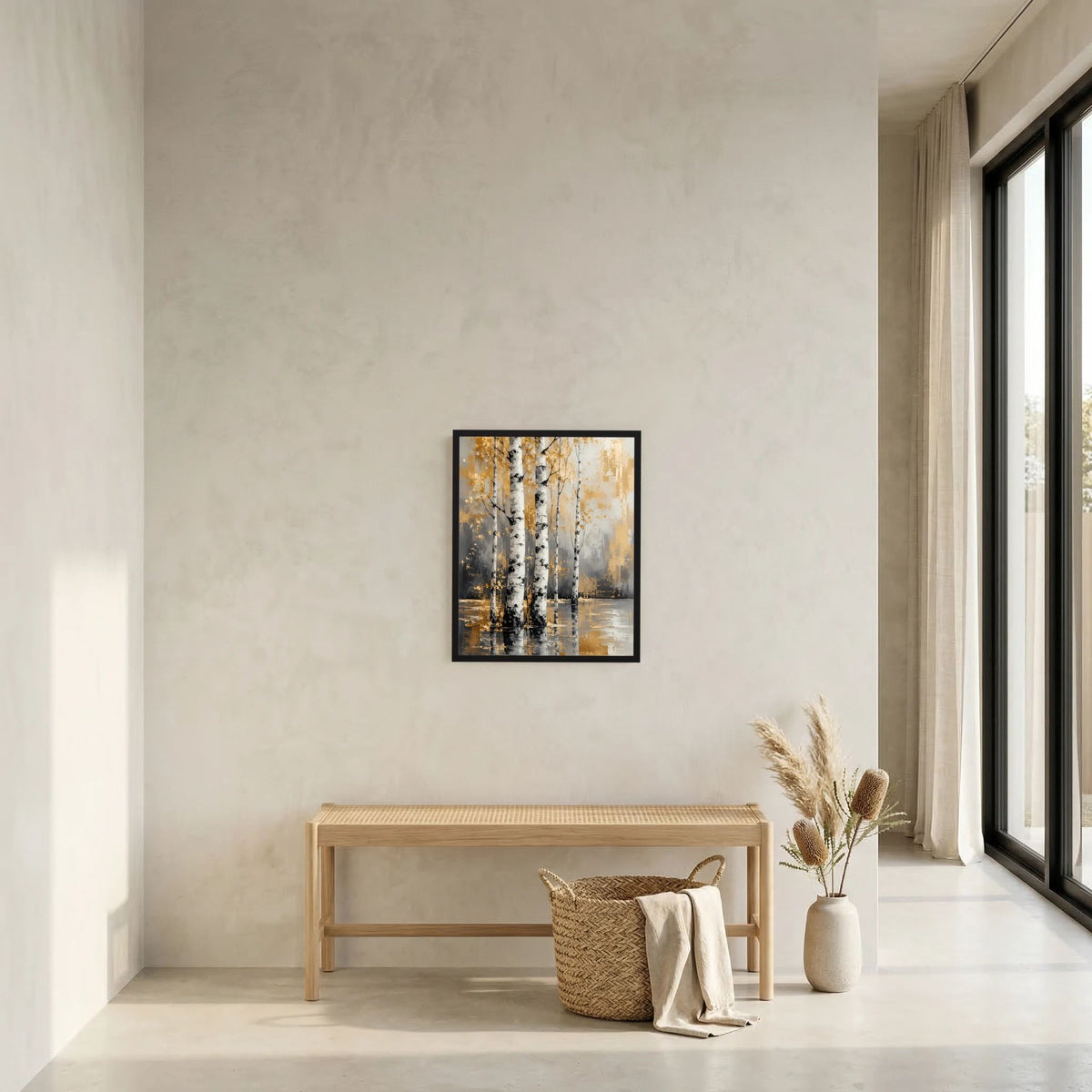 Wandkunst-Poster mit abstrakten Birken in Weiß und Gold, schwarzer Baumrinde und Wasserlinie