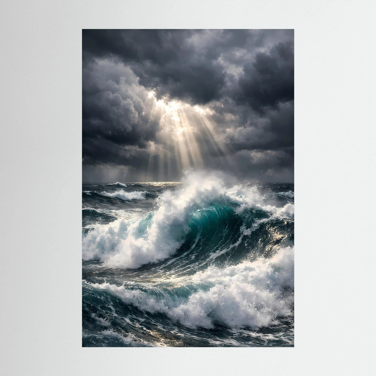 Wandbild mit aufgewühltem Meer und Sturmwellen, dramatische Lichtstrahlen durch dunkle Wolken