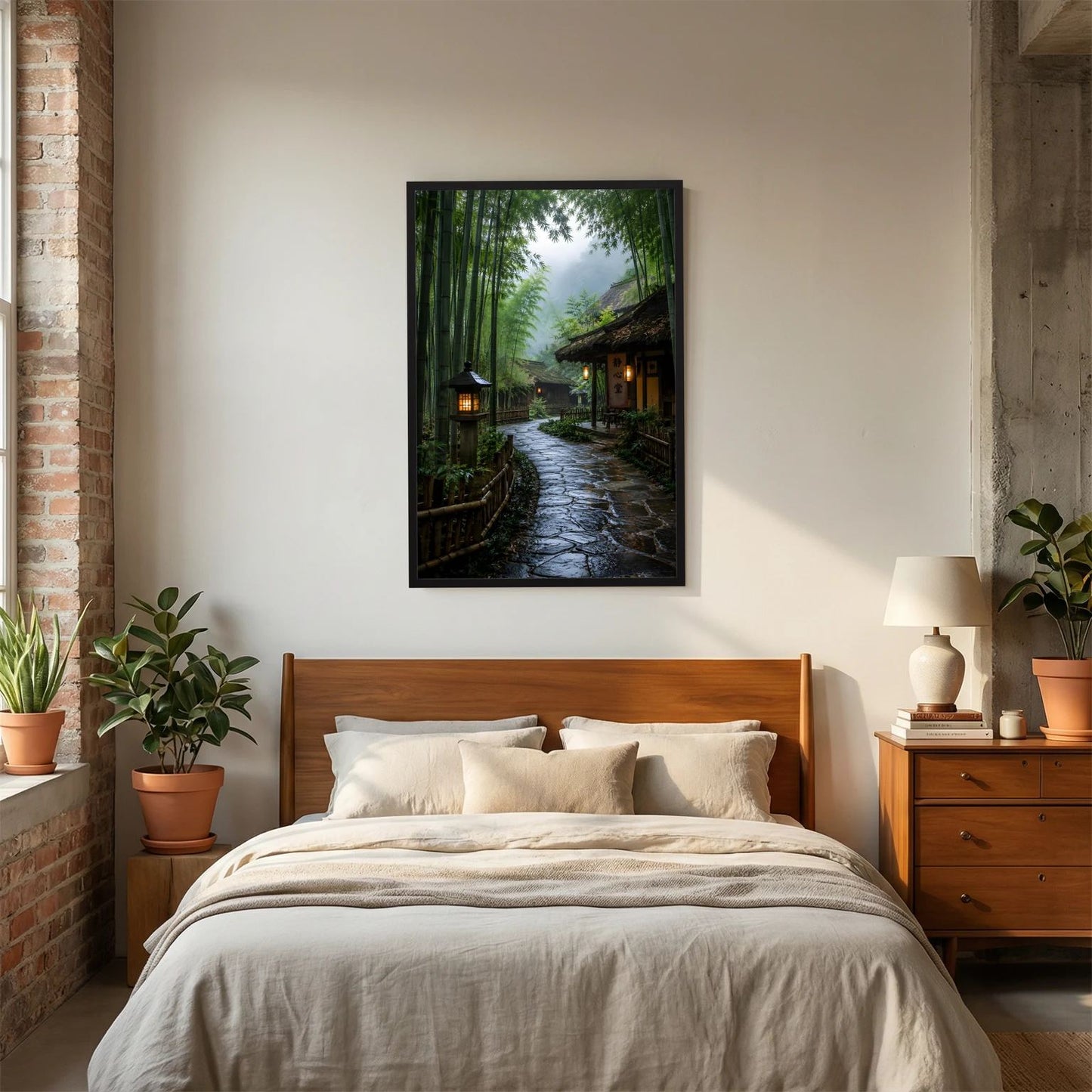 Wandposter mit schwarzem Rahmen: Zen-Straße im Bambuswald mit Laternen, Hochformat.