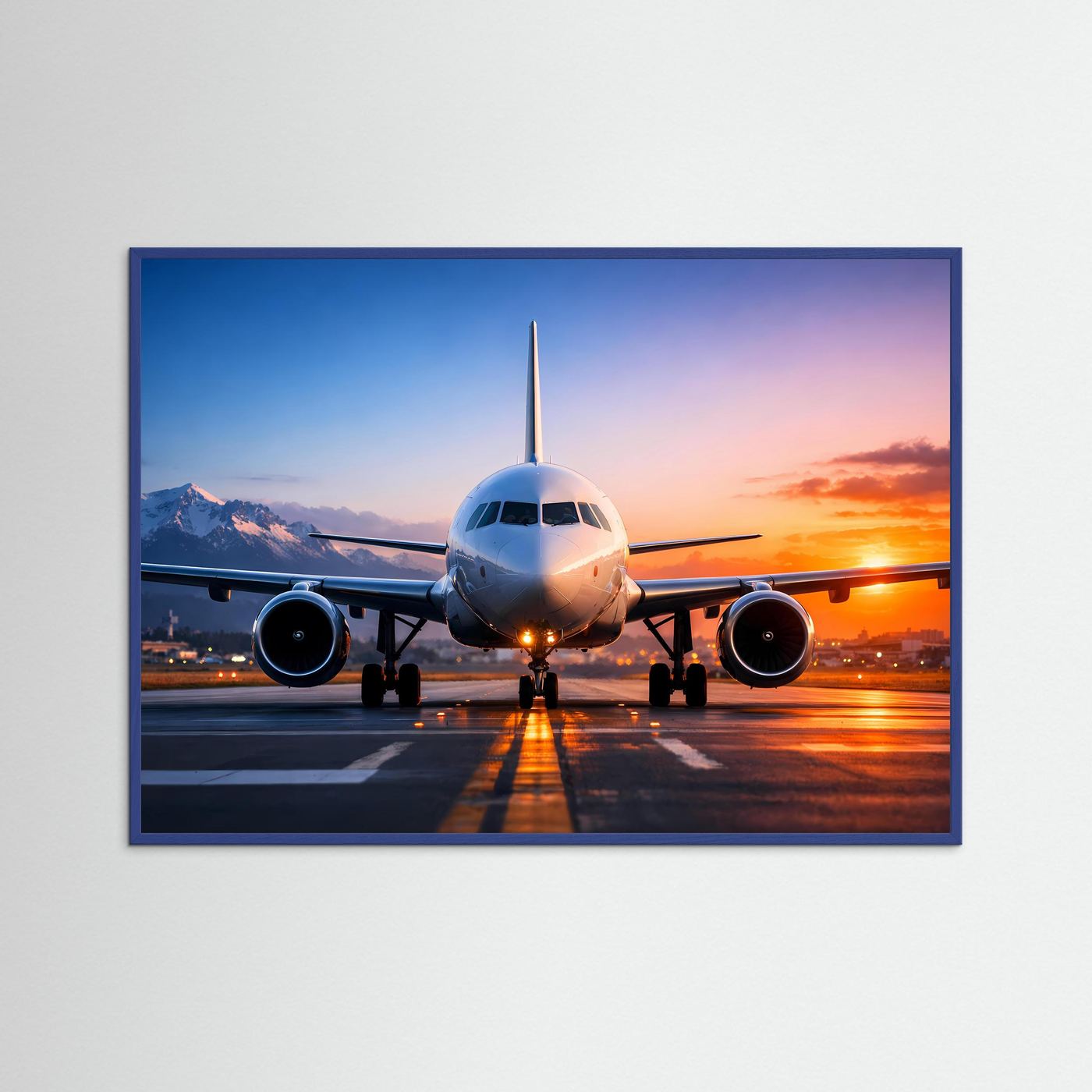 Passagierflugzeug-Poster ohne Rahmen, vorderes Flugzeug auf der Landebahn mit Fahrbahnmarkierung