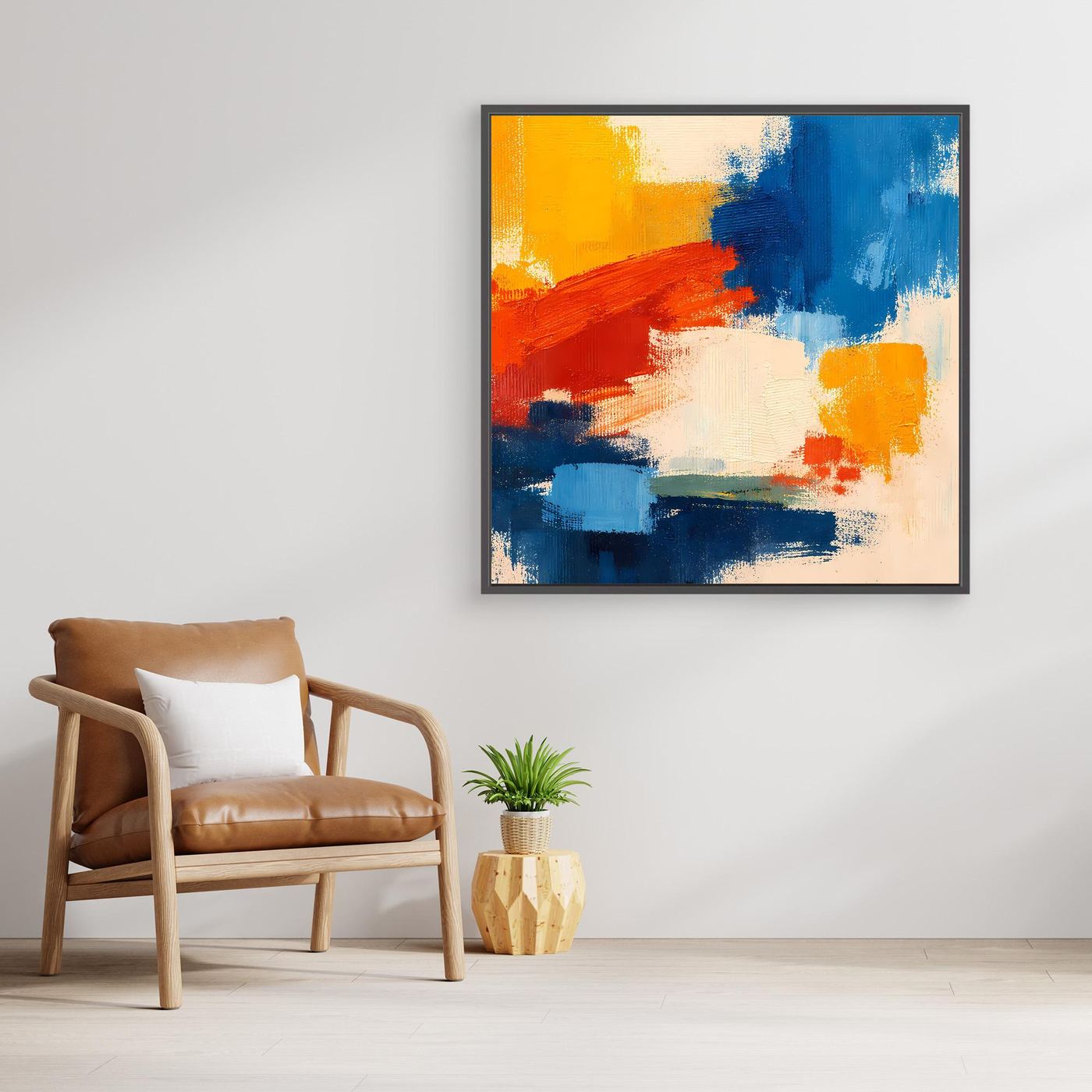 Abstract canvas wall art with dark frame and blue-yellow-red brushstrokes