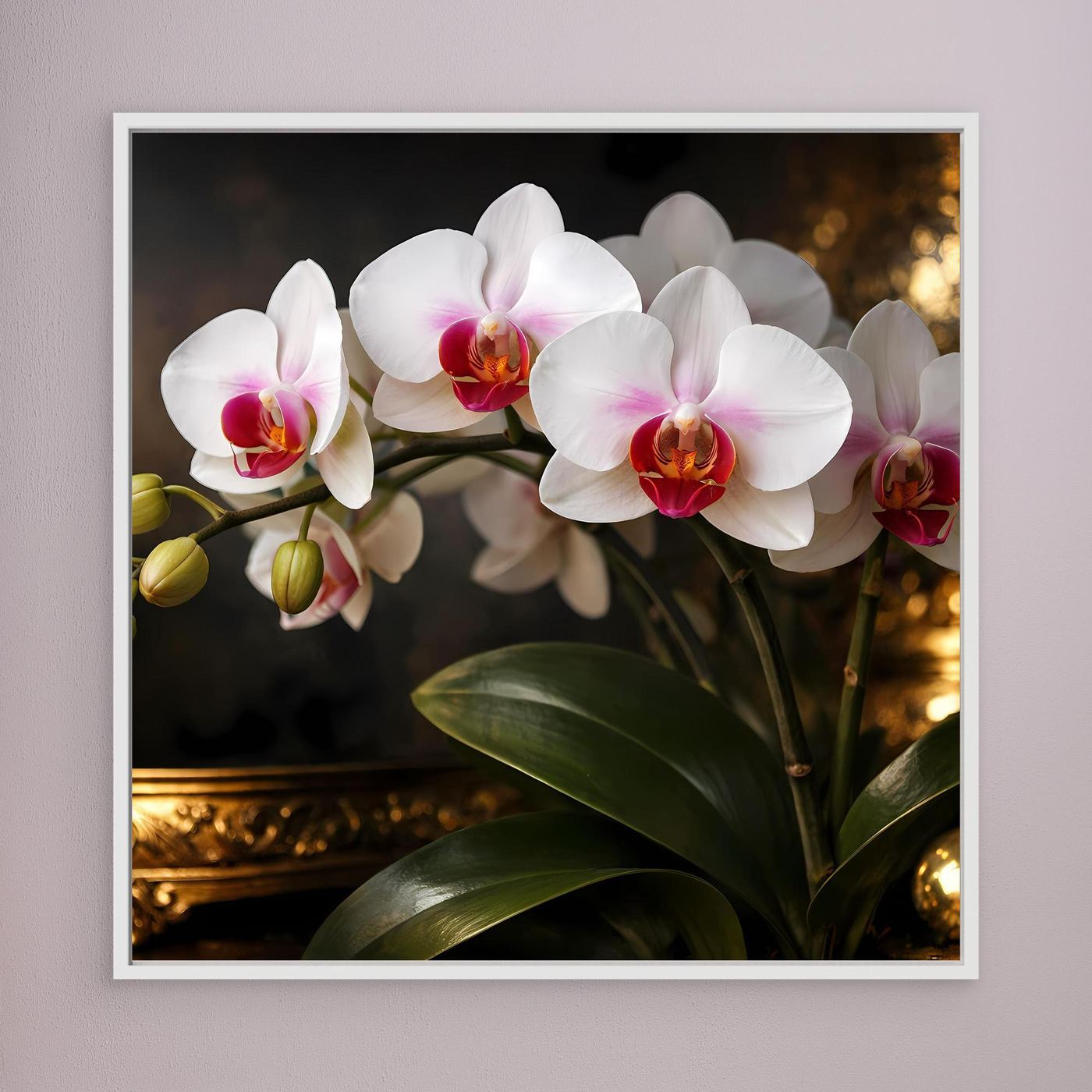 Orchideenblüten-Leinwandbild mit weißem Rahmen, weiße Blüten und grüne Blätter