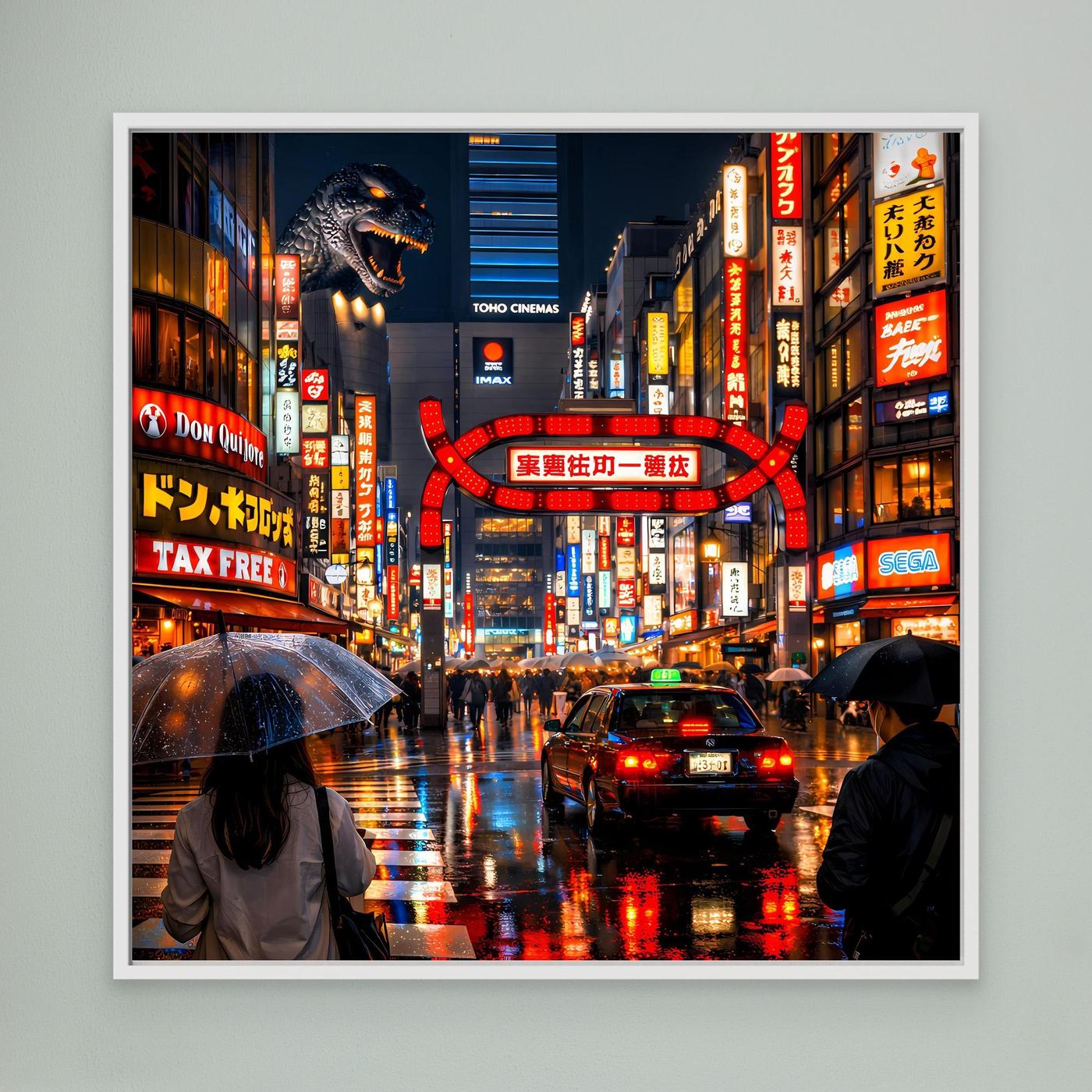 Leinwand Pulsierendes Tokio bei Nacht | Urbanes Kabukicho Kaiju Wandbild