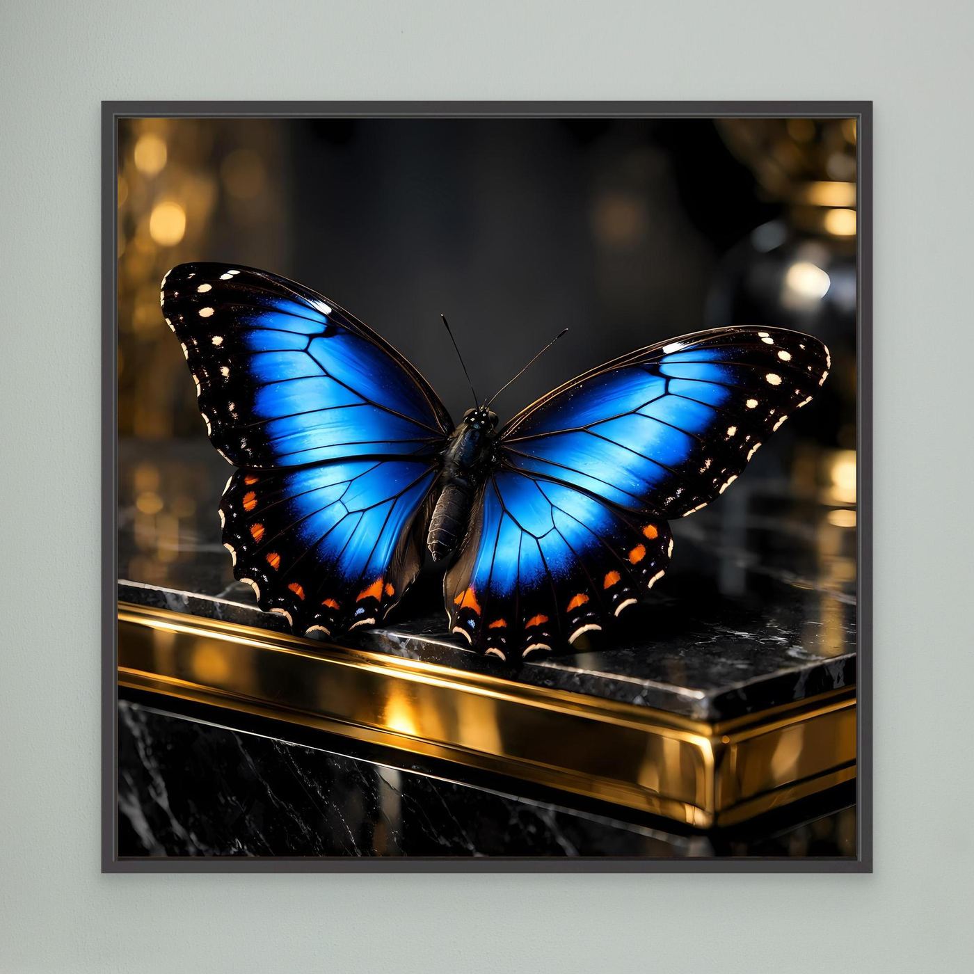 Leinwand-Wandbild: blauer Schmetterling, schwarzer Rahmen