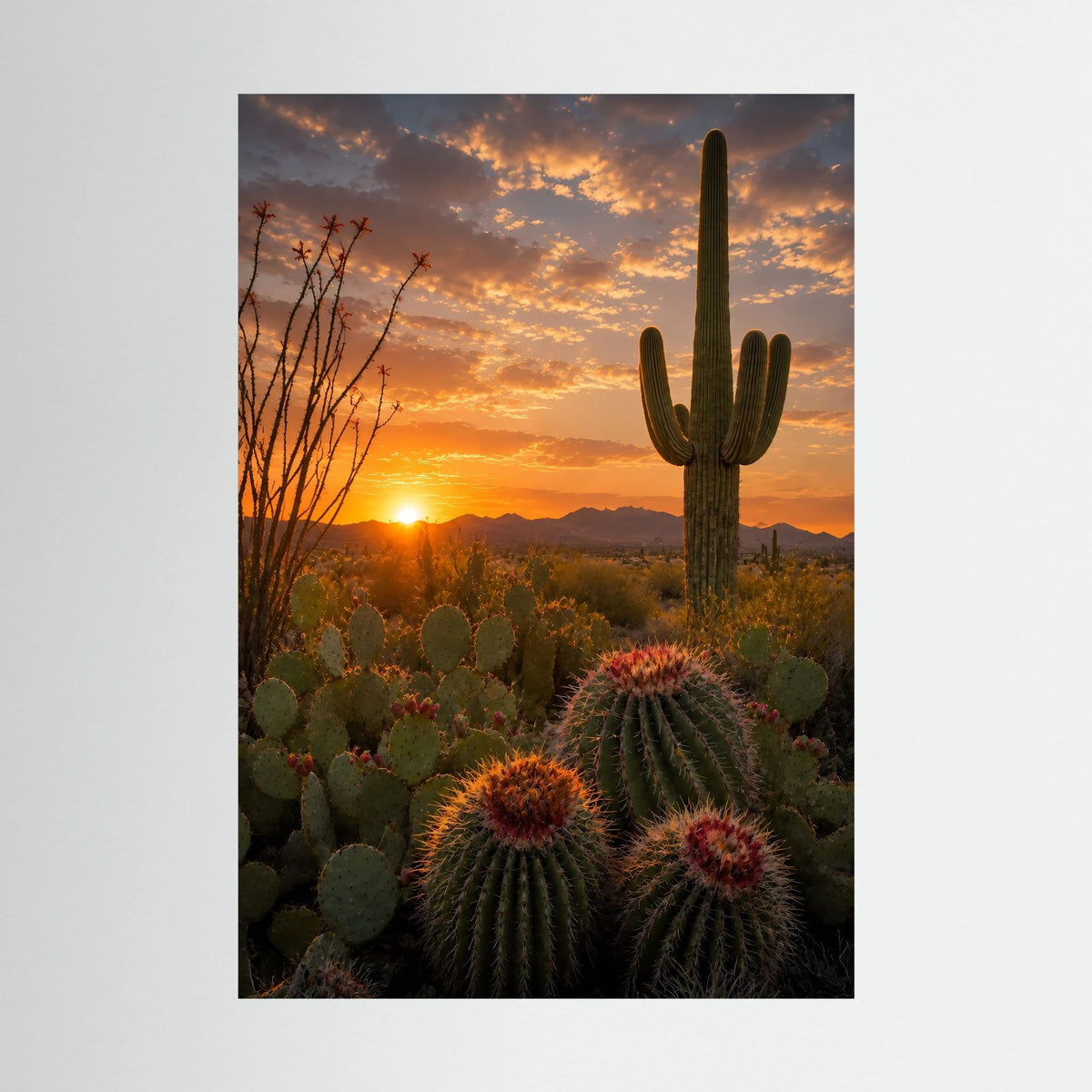 Poster mit Wüsten-Kakteen und Sonnenuntergang, zentraler Saguaro
