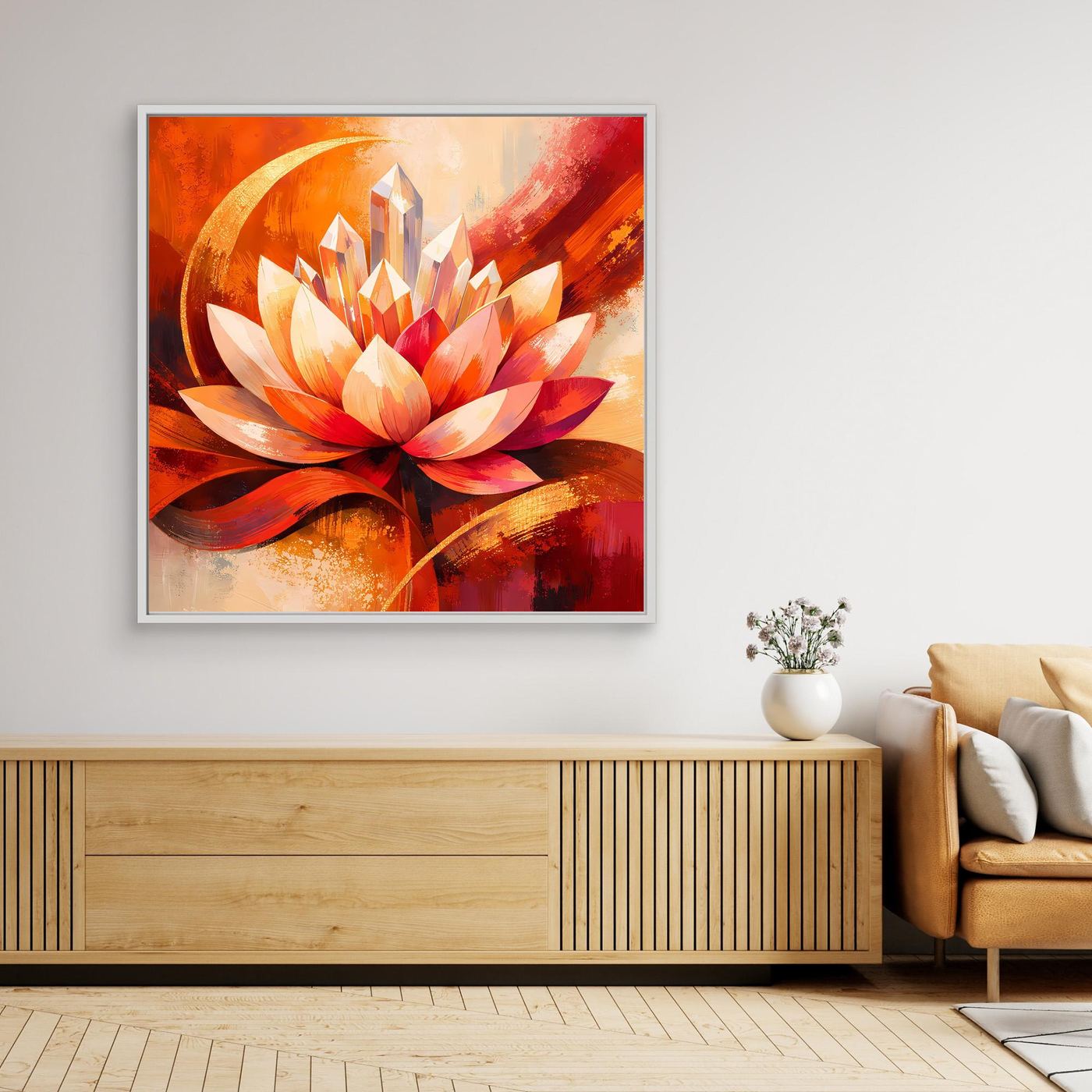Gerahmtes Leinwandbild mit abstrakter Lotusblüte in Orange, Rot und Weiß im weißen Rahmen