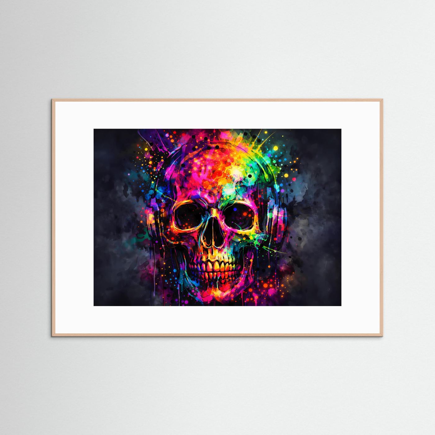 Neon-Kunstposter im Querformat: bunter Totenkopf mit Kopfhörern, naturbraun gerahmt