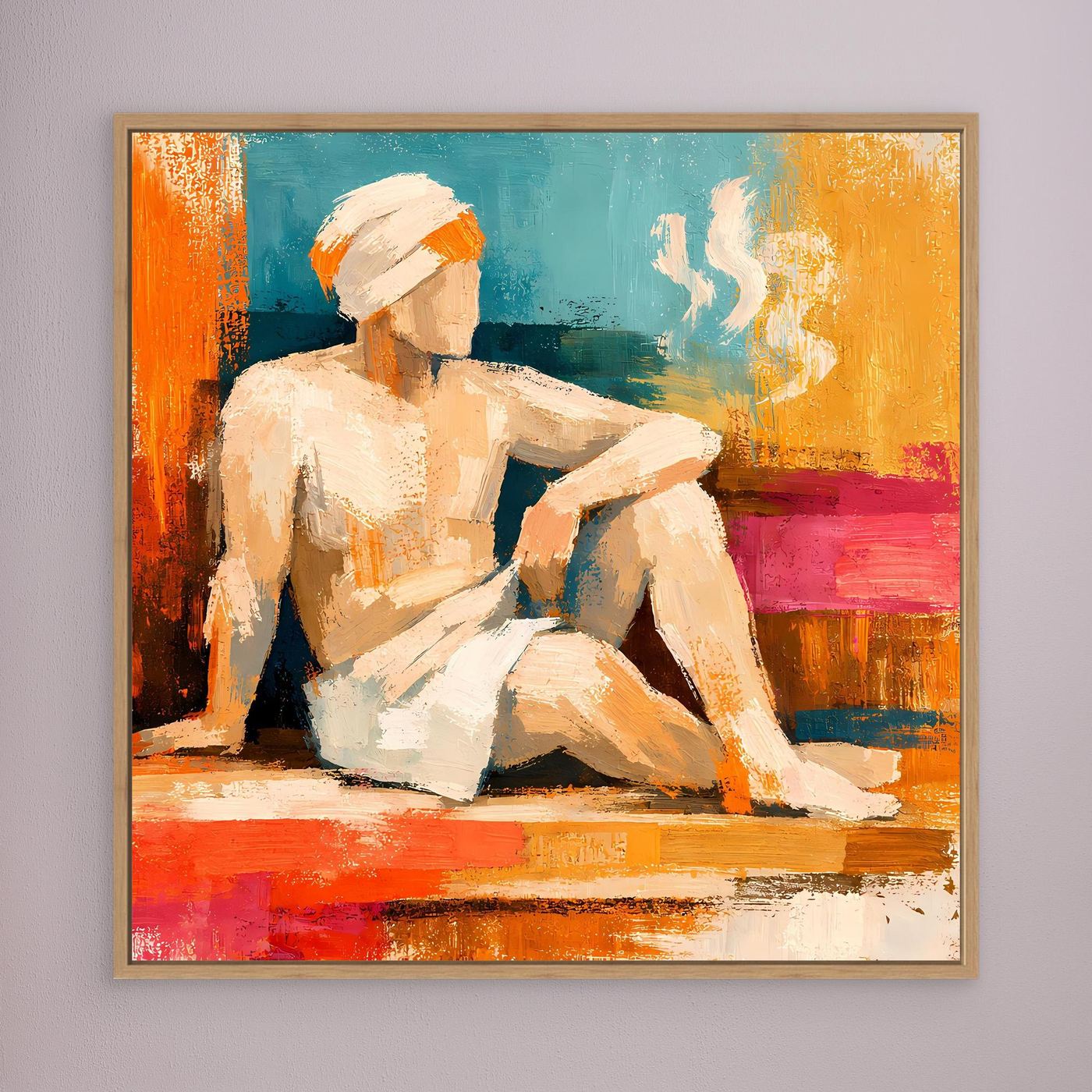 Abstract canvas wall art with seated figure, teal and orange paint, wood frame