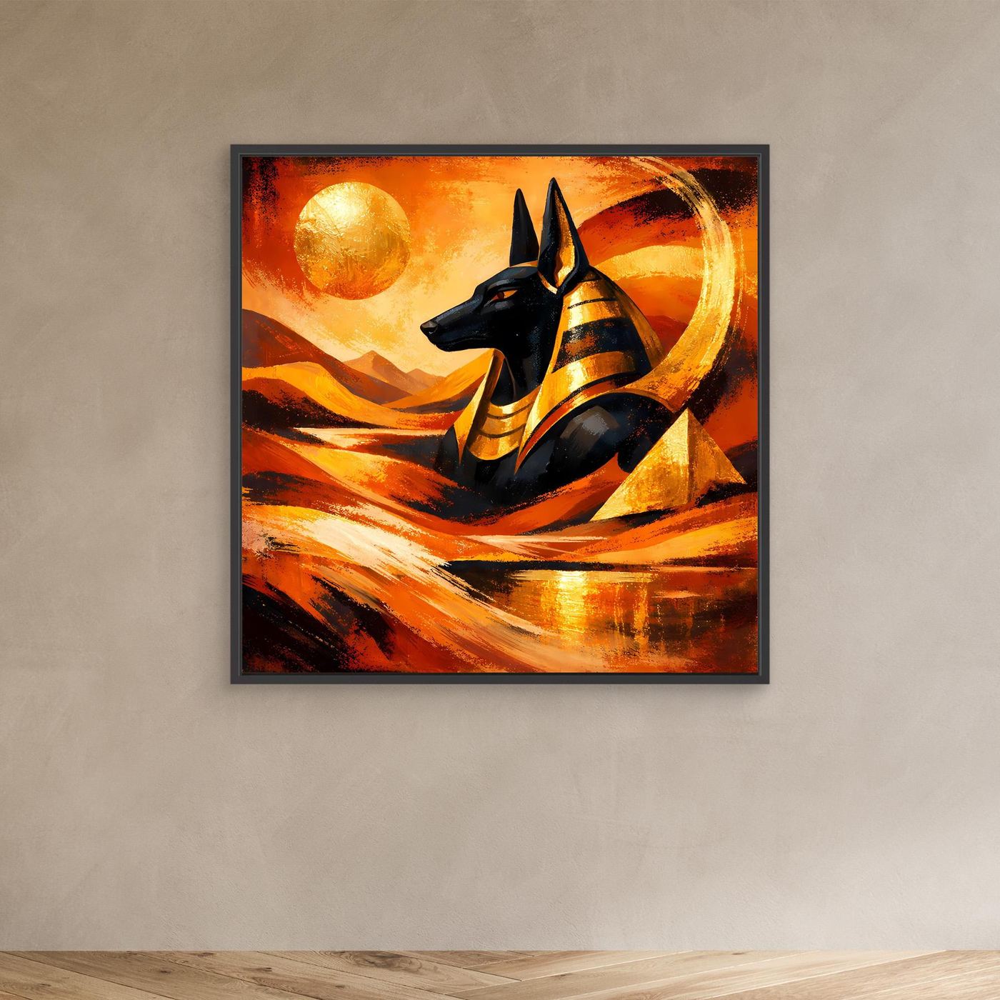 Leinwandbild mit schwarzem Anubis auf abstrakter Wüstenlandschaft, mit schwarzem Rahmen