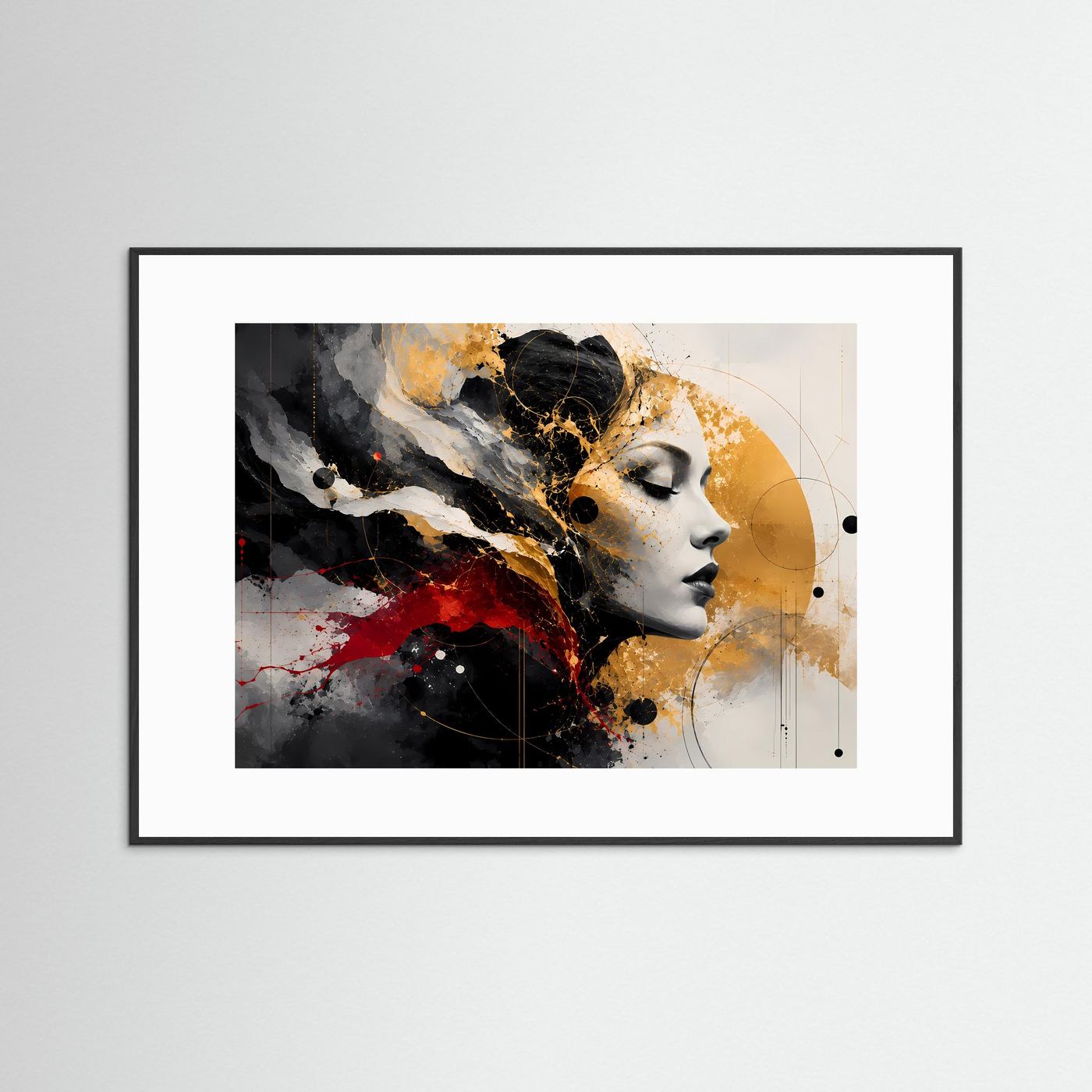 Abstraktes Frauenporträt Poster | Schwarz Gold Rot Wandkunst | Modernes Gesicht Kunst | Elegante Leinwand | Luxus Wall Art