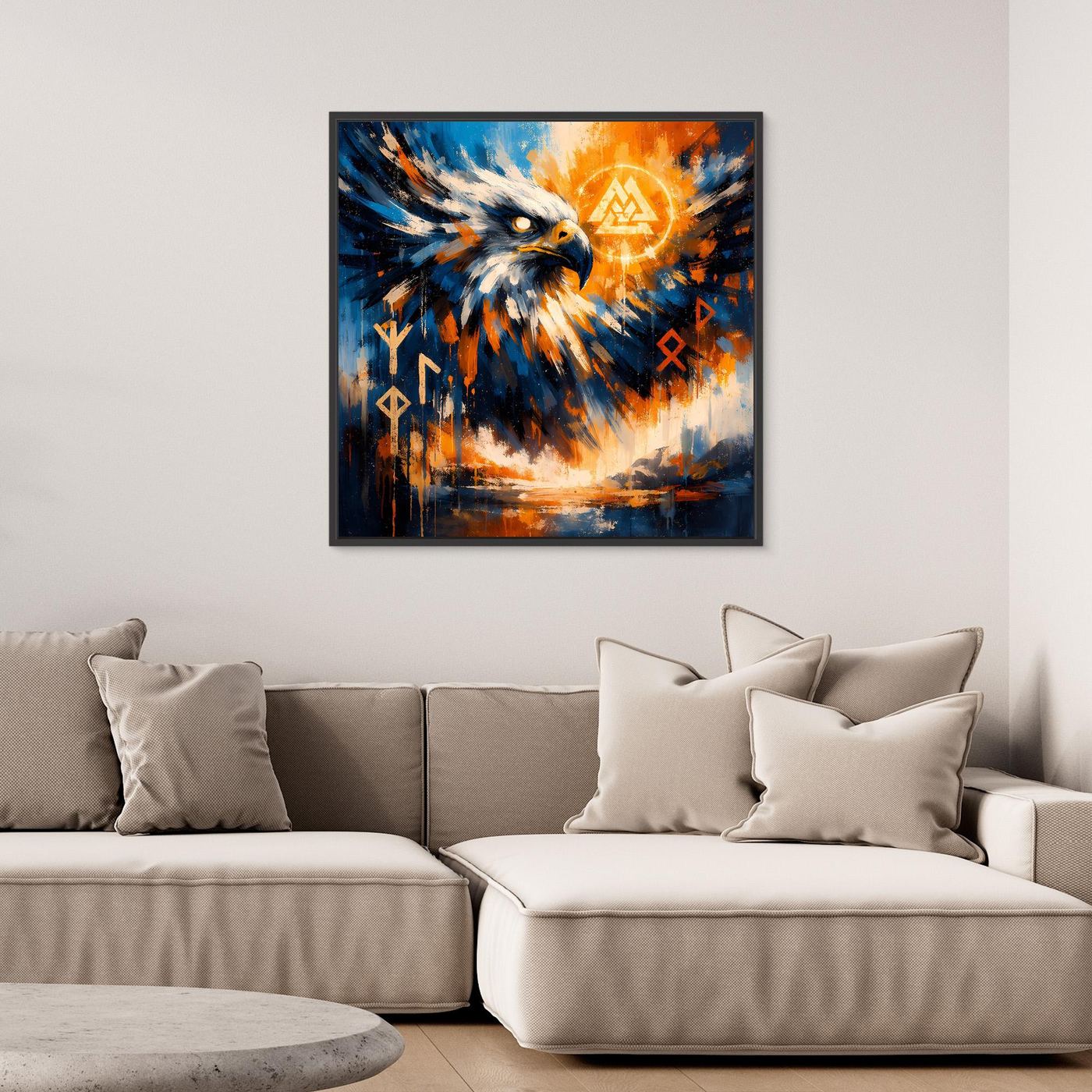 Gerahmtes Leinwandbild mit abstraktem Adler, dunklem Blau-Orange, mit Runensymbolen.