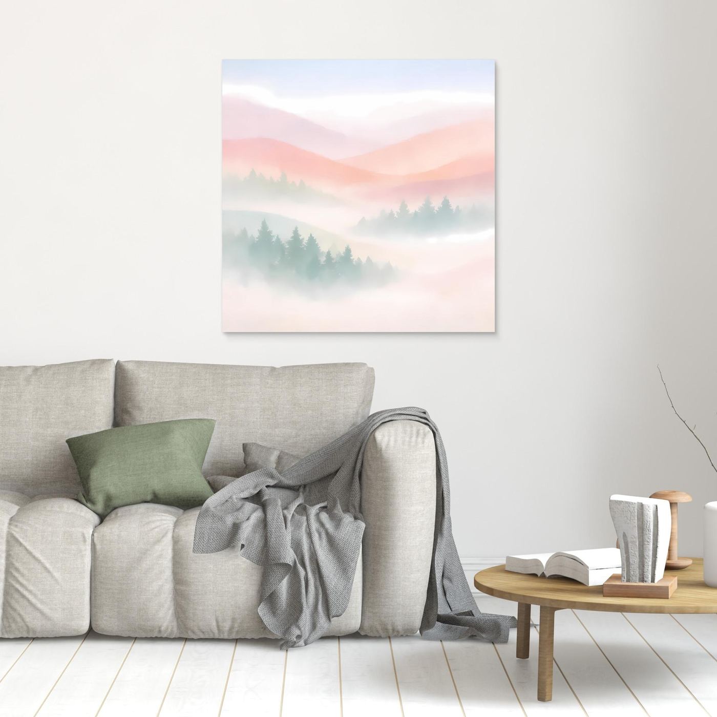 Leinwandbild mit hellem Rahmen, pastellfarbene Nebellandschaft mit Bergkämmen und Tannen