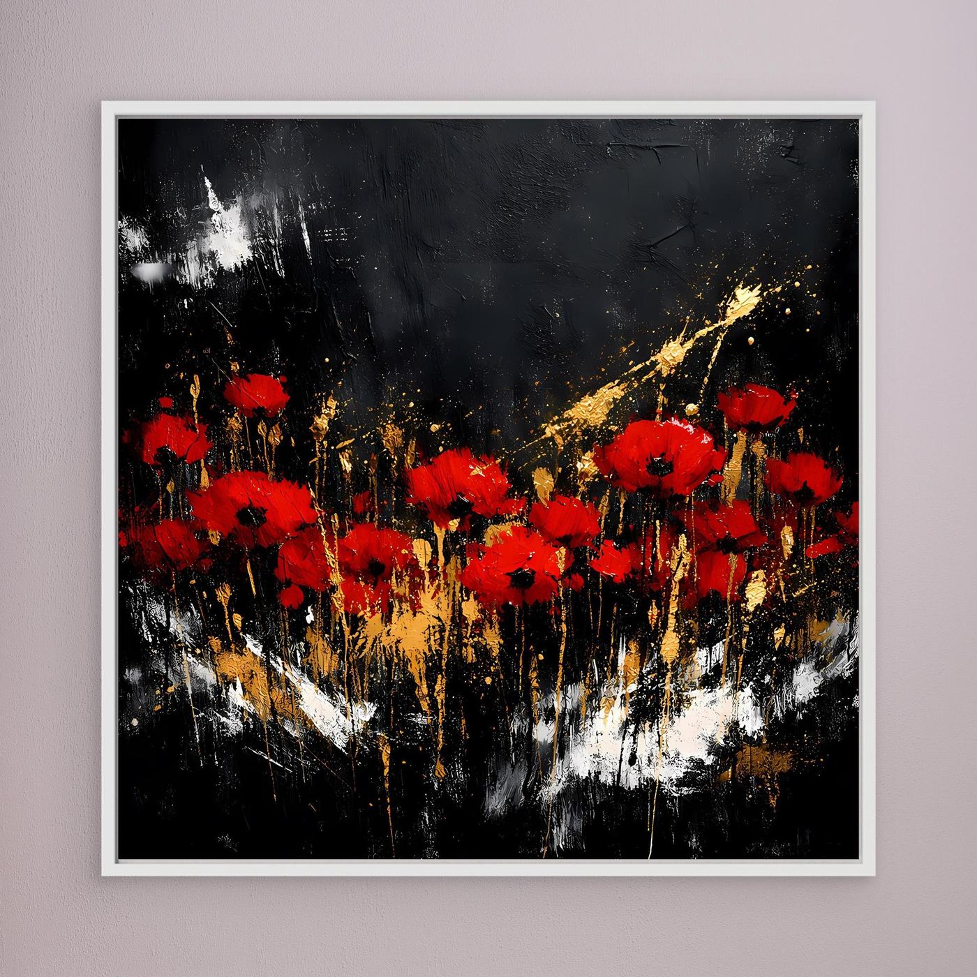 Leinwand Rote Mohnblumen mit Gold-Akzenten | Modernes Florales Wandbild Abstrakt
