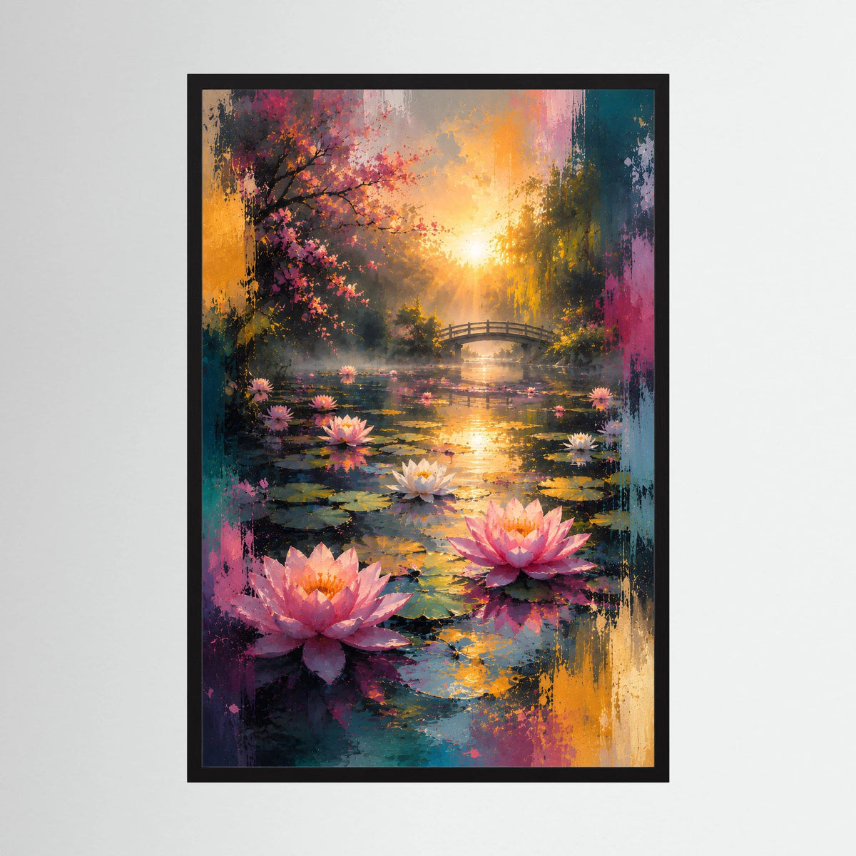 Gerahmter Poster im Hochformat: Seerosen auf See mit Brücke im goldenem Sonnenlicht.