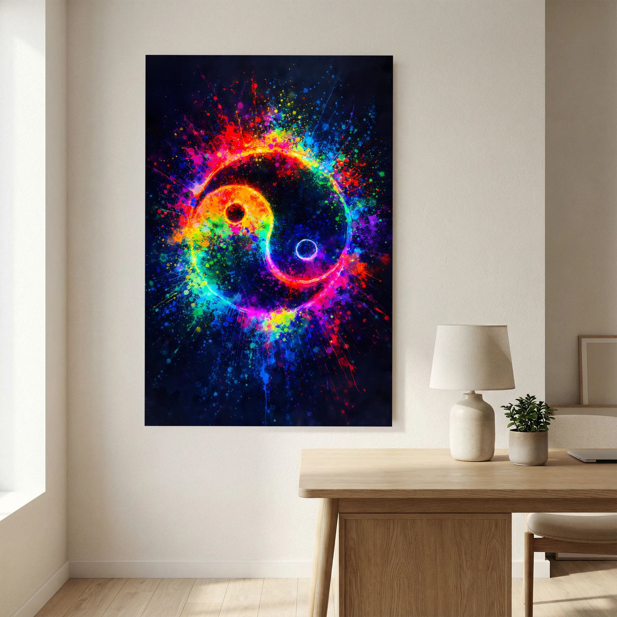 Hochformat-Poster mit Yin-Yang-Symbol in leuchtenden Regenbogen-Spritzfarben, dunkel