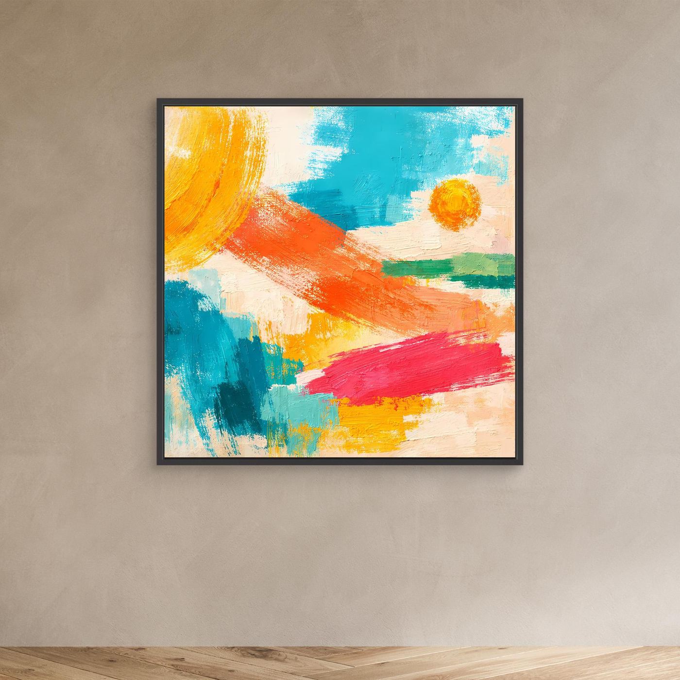 Abstract canvas wall art with orange, teal, blue, yellow, and red brushstrokes; black frame.