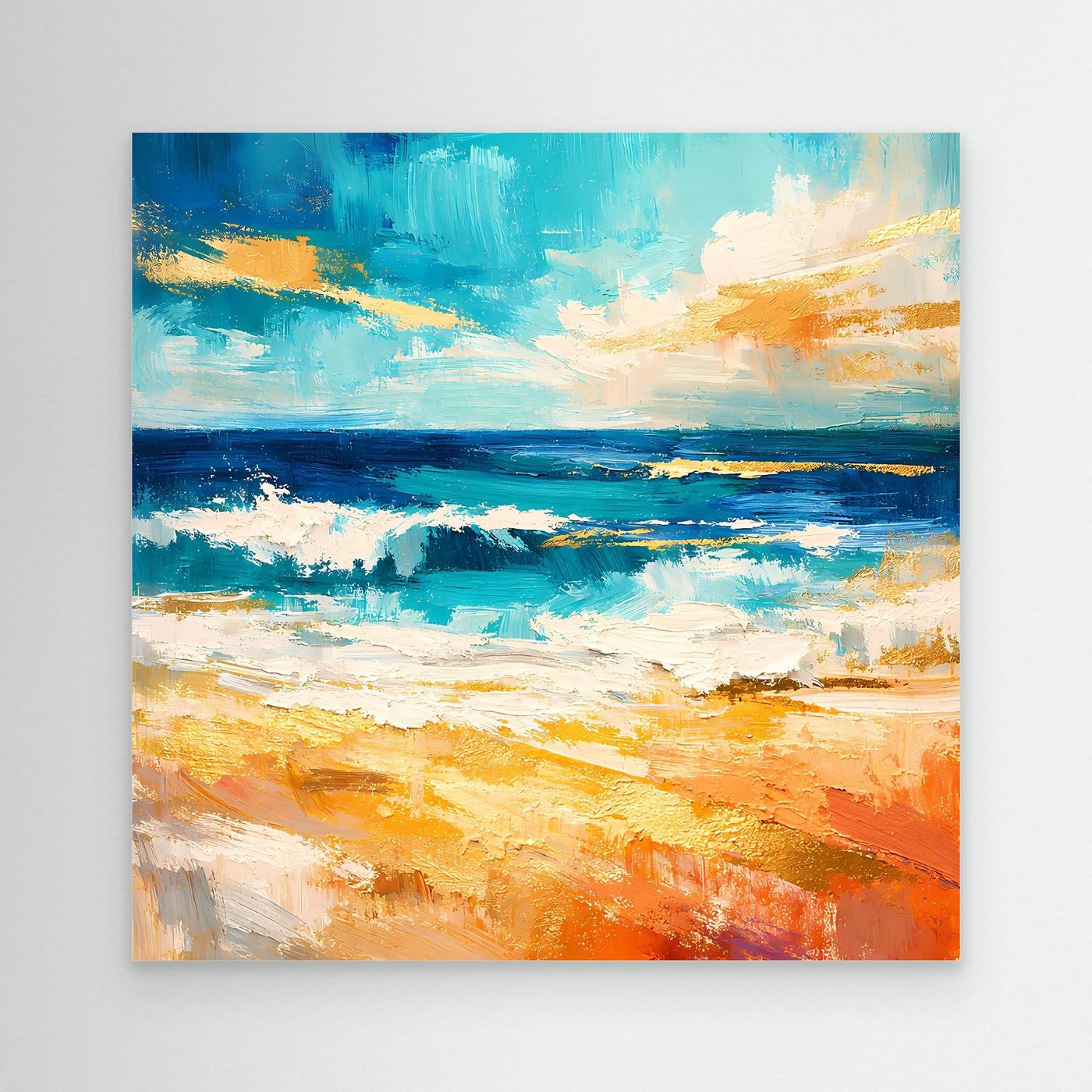 Quadratisches Leinwandbild abstraktes Strandmotiv ohne Rahmen, Blau/Türkis, Orange