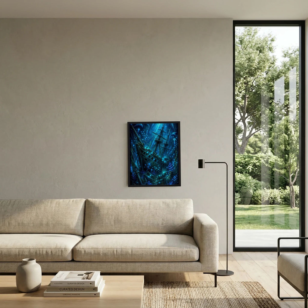 Kunstposter mit blauem Unterwasser-Geisterschiff im schwarzen Rahmen