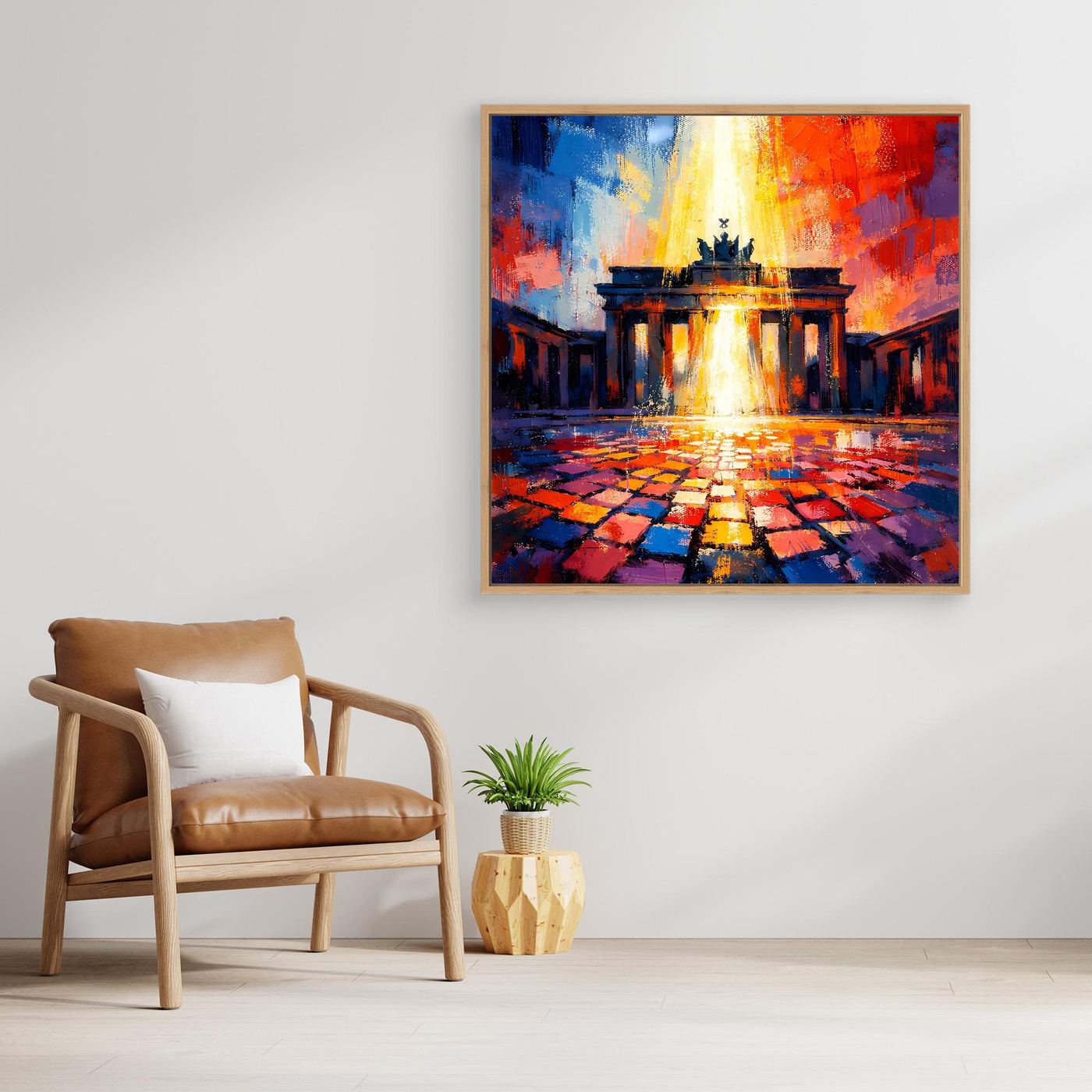 Abstraktes Wandbild mit Brandenburg-Tor und leuchtendem Weg, mehrfarbig, hellbraun gerahmt