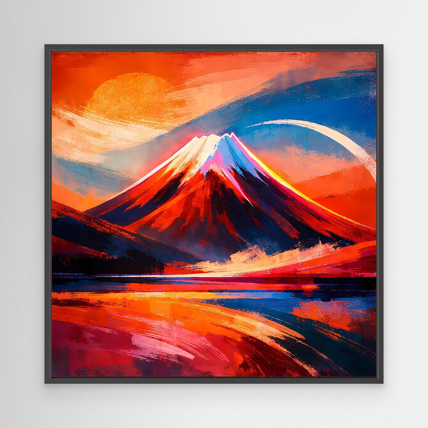 Abstraktes Leinwandbild mit Bergmotiv im Sonnenuntergang, Rot- und Blautöne, schwarzer Rahmen