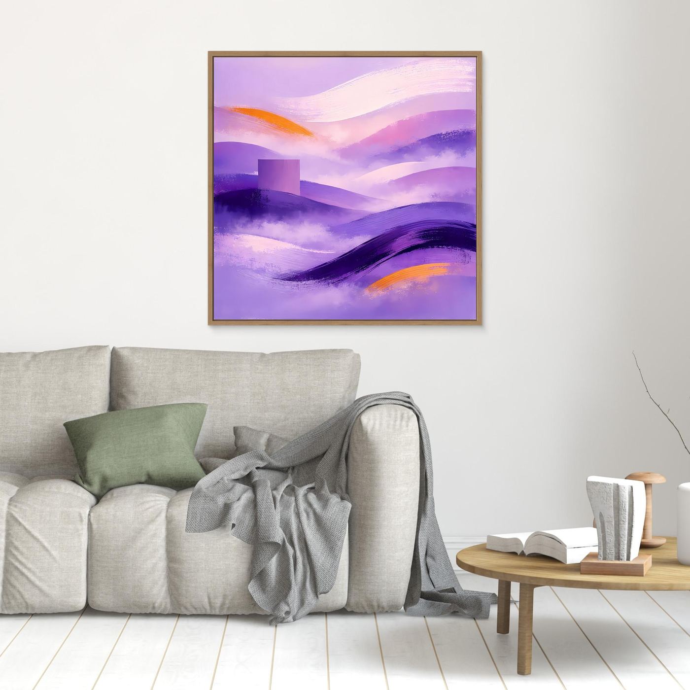 Quadratisches Leinwandbild mit abstrakter lila Berglandschaft und orange Akzenten, brauner Rahmen