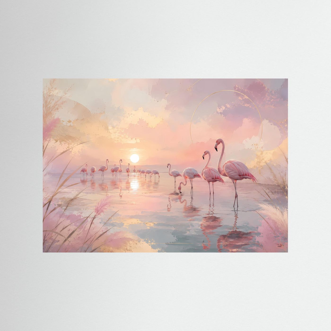 Flamingos im Sonnenuntergang | Pastell Wandbild mit Rosa Flamingos | Abstrakte Küstenlandschaft | Modernes Leinwandbild | Premium Poster