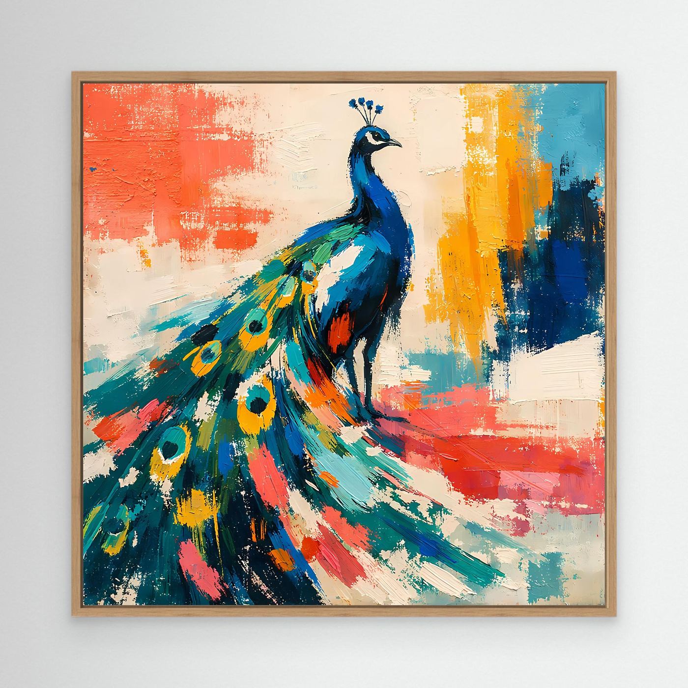 Peacock abstract wall canvas art in a light wood frame, blue bird and colorful tail