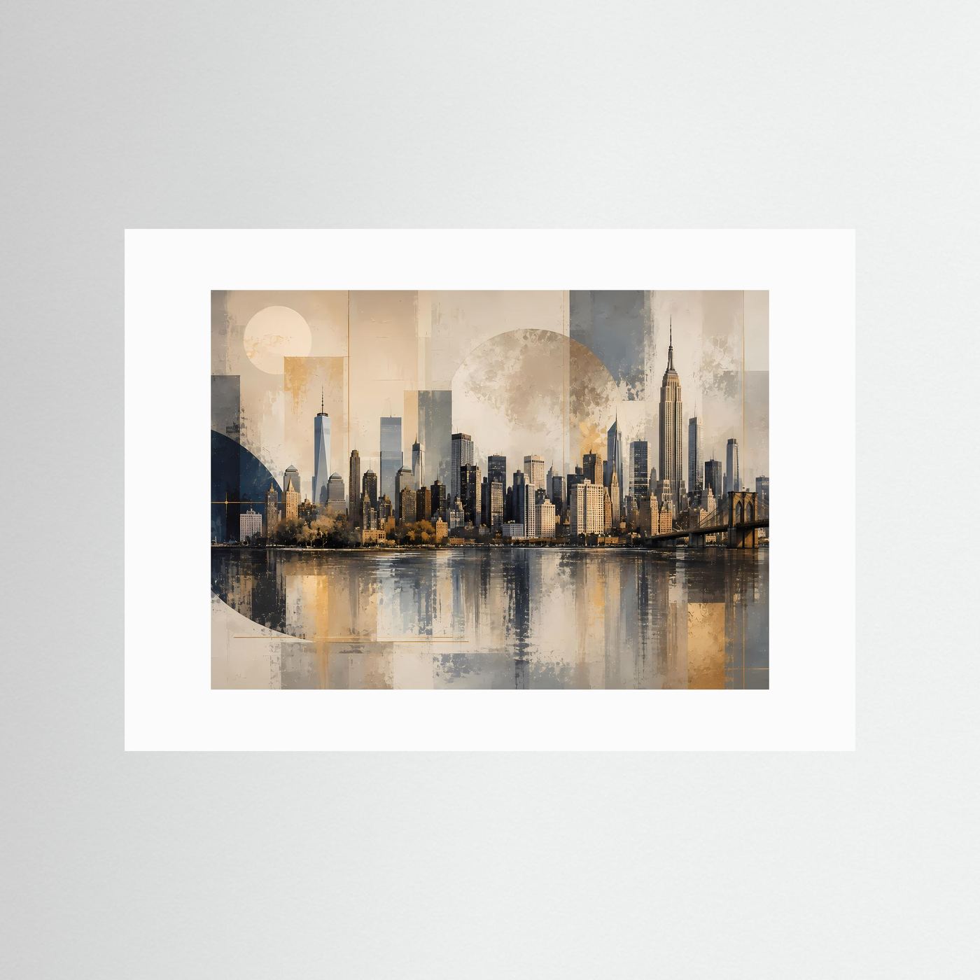 Moderne Skyline von New York in Beige & Gold | Architektur & Stadt-Wandbild
