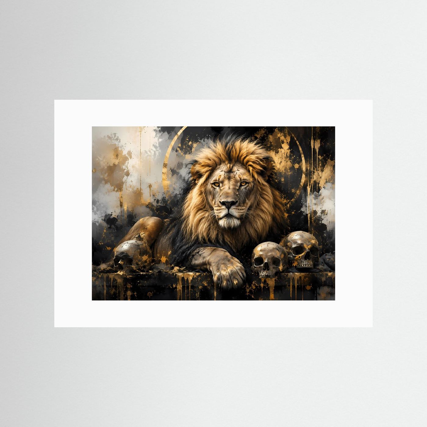 Löwe Poster mit Totenköpfen | Abstrakte Schwarz Gold Löwen Wandkunst | Majestätischer Lion Kunstdruck Modern