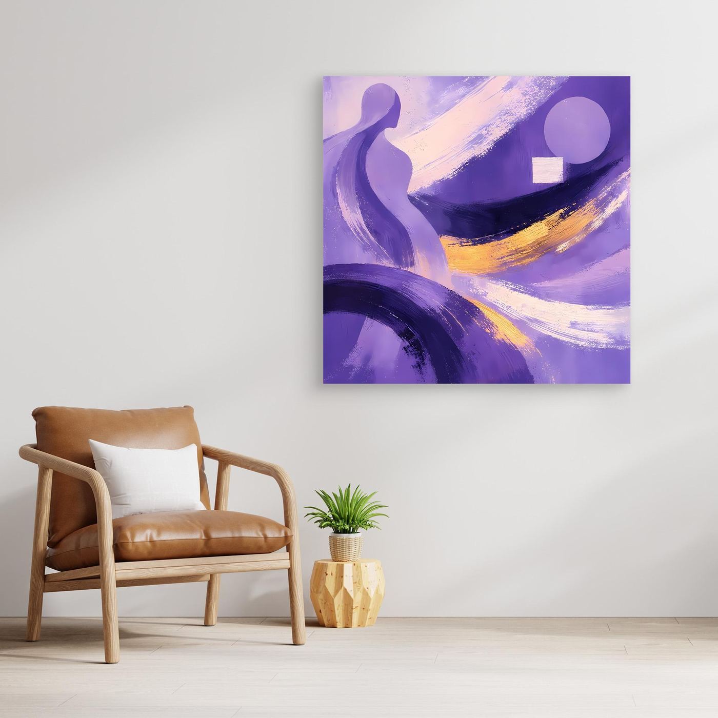 Abstraktes Leinwandbild mit violetter Figur, dunkler Kurve und goldfarbenem Pinselstrich