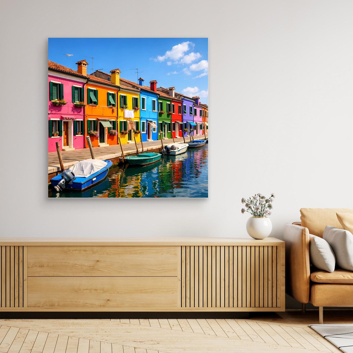 Leinwandbild mit bunten Häusern am Kanal und Booten, sichtbar auf heller Wand