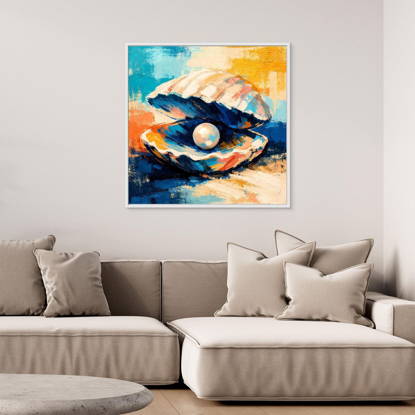 Framed wall art featuring an abstract seashell with pearl, blue and orange paint texture
